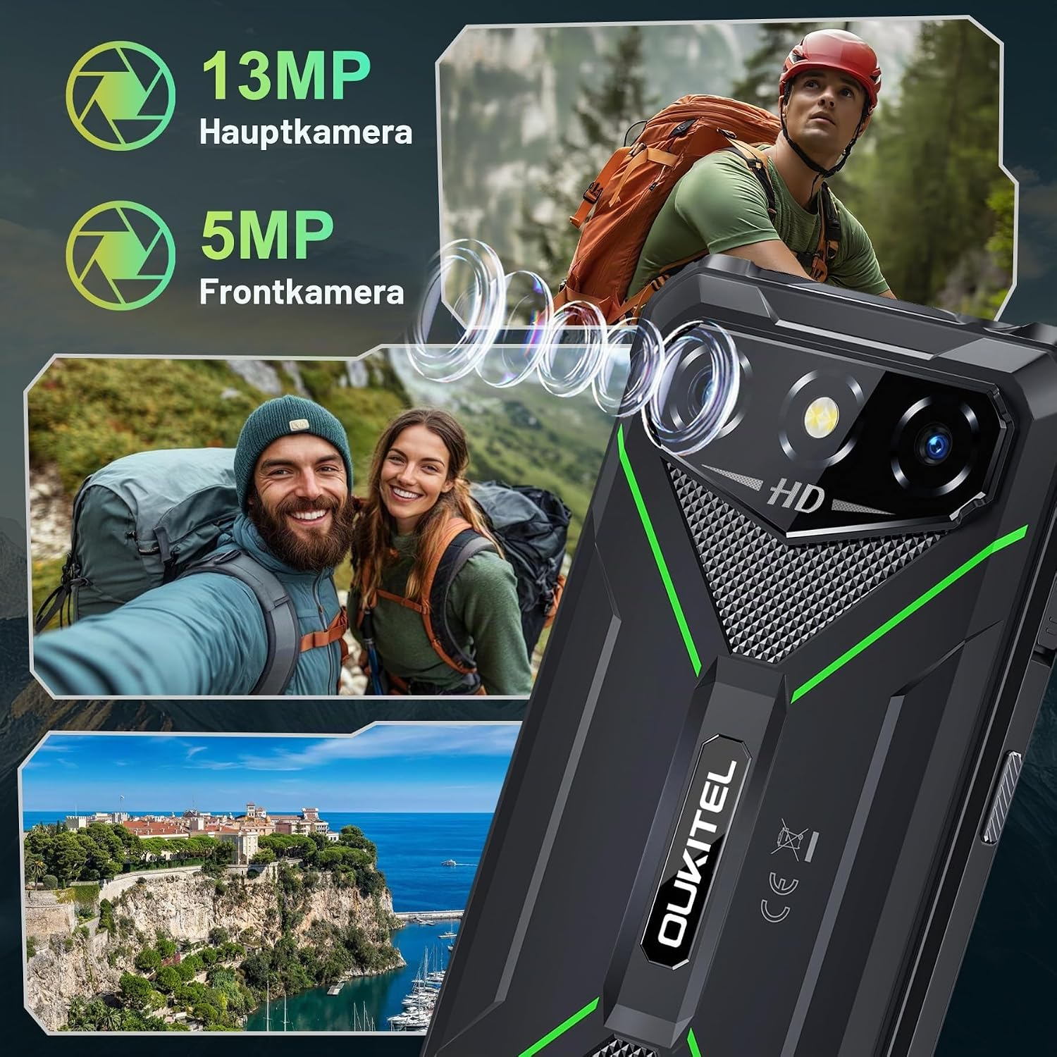 Robuster Oukitel-Smartphone-Prospekt mit Kamera-Details und Outdoor-Wanderern.