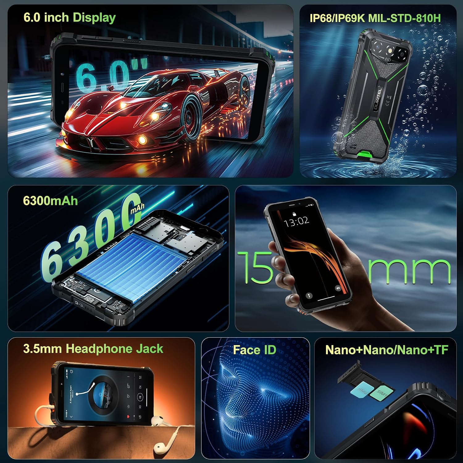 Robustes Smartphone mit 6-Zoll-Display, 6300mAh-Akku, Kopfhöreranschluss, Face ID und Dual-SIM.