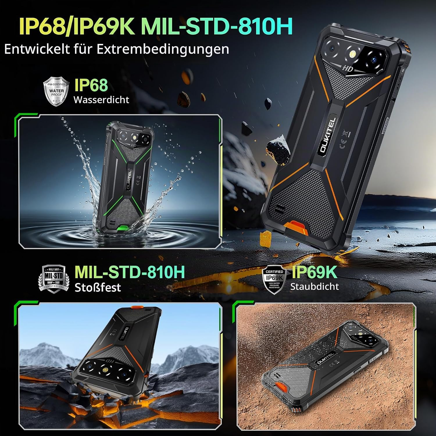 Rugged-Smartphone mit IP68/IP69K- und MIL-STD-810H-Zertifizierung in verschiedenen extremen Szenen.