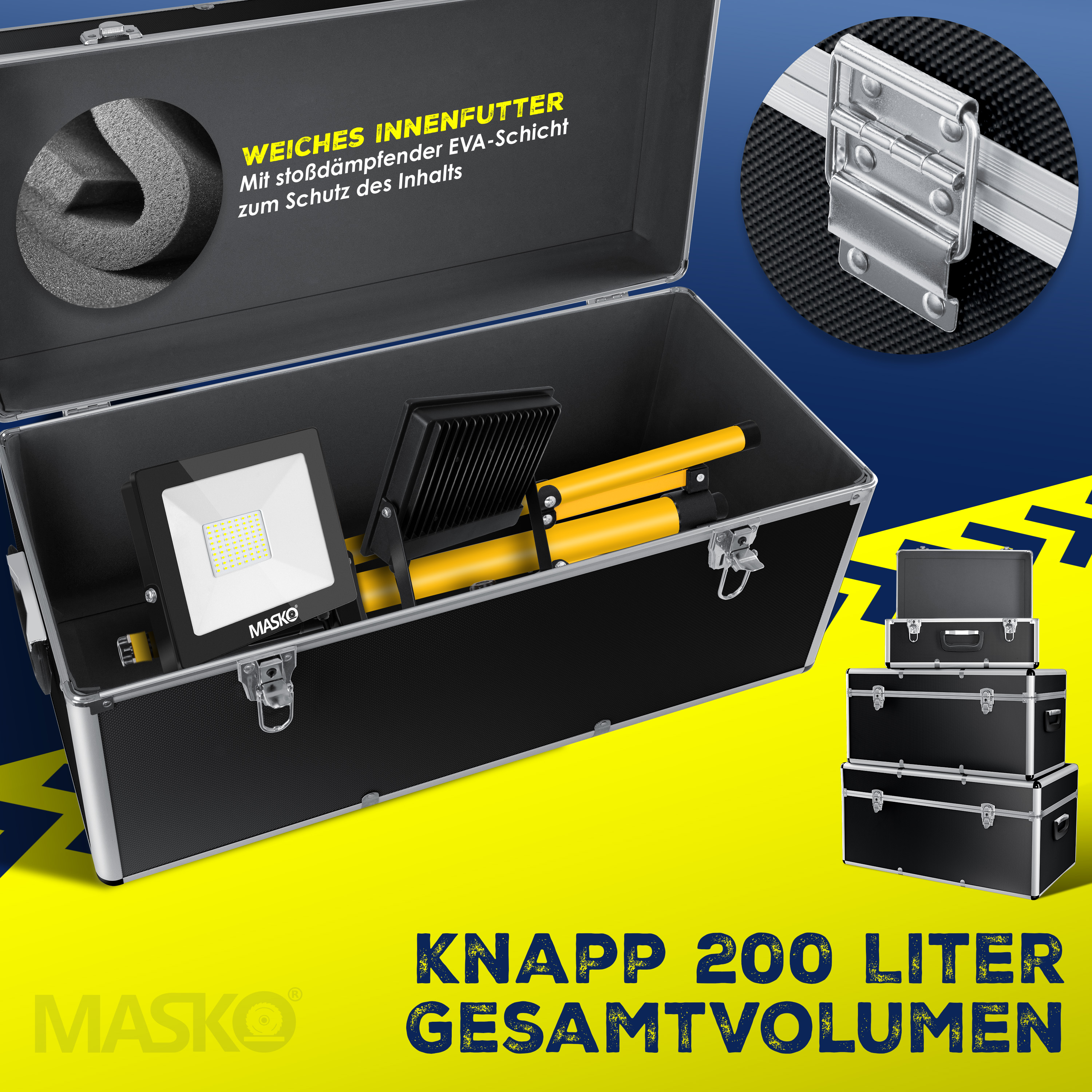 Offener schwarzer Alu-Werkzeugkoffer mit LED-Strahler, Stativ und Schaumstoffpolsterung.