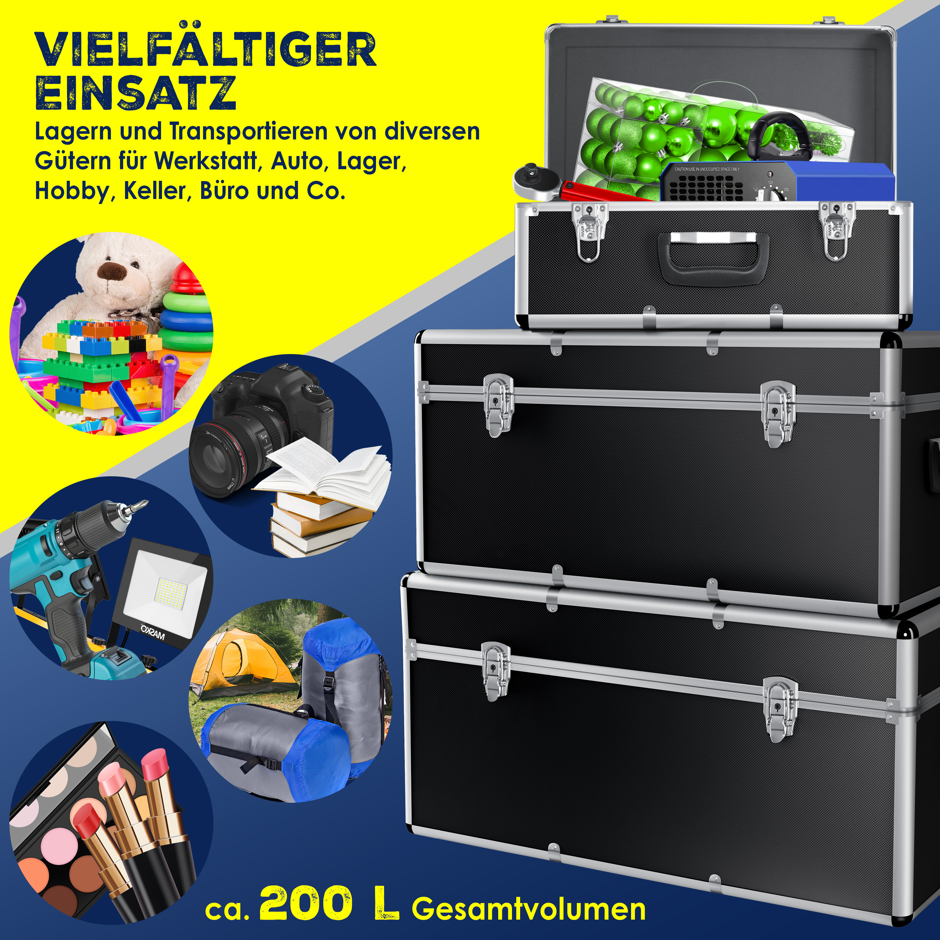 Drei schwarze Alukoffer mit Silberkanten gestapelt, umgeben von kreisrunden Beispielbildern für verschiedene Nutzungen.