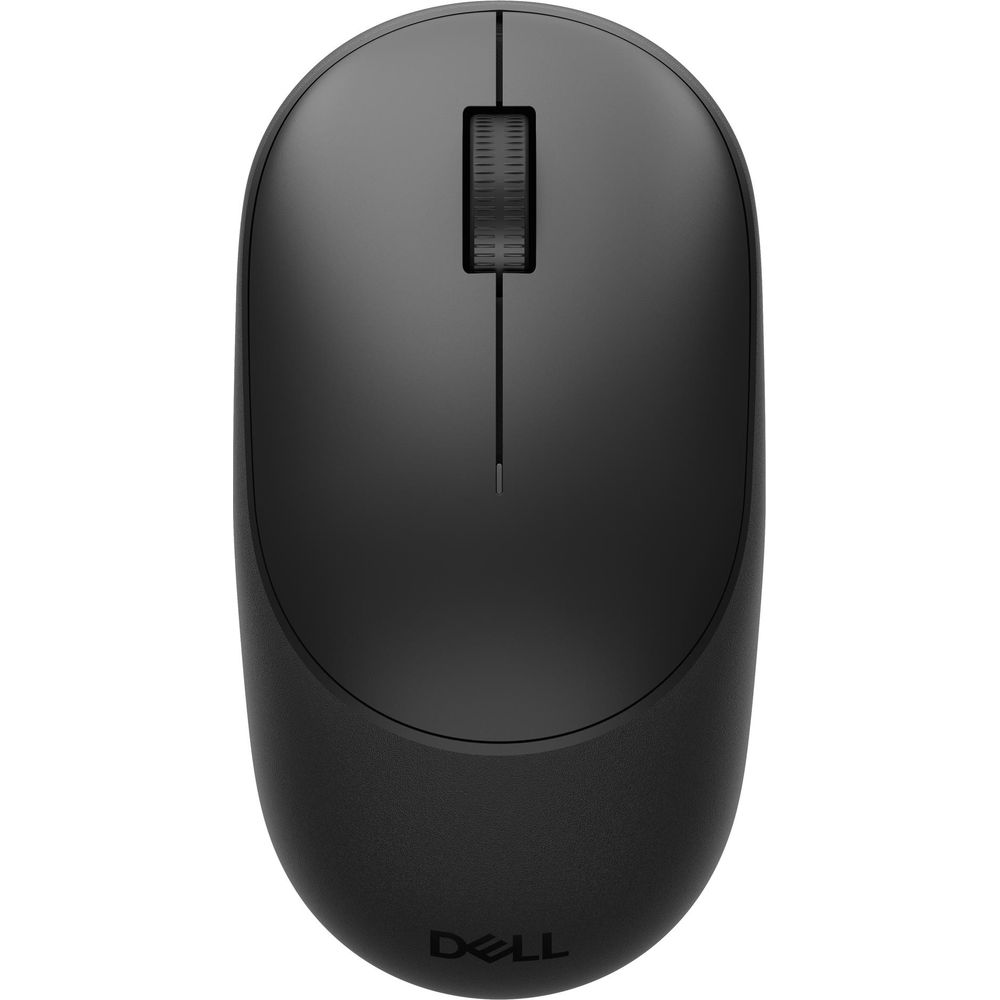 Vista dall'alto di un moderno mouse wireless Dell nero con rotellina di scorrimento centrale su sfondo bianco uniforme.