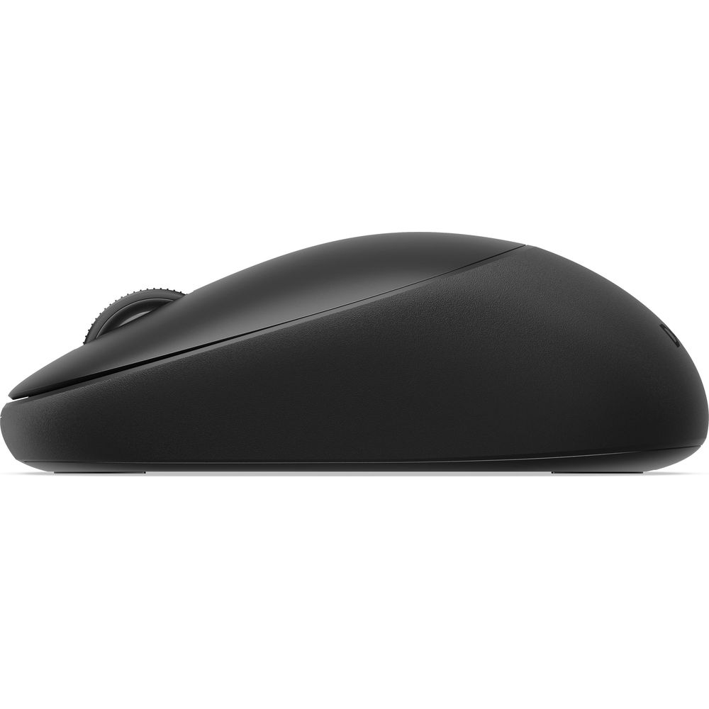 Una vista laterale di un mouse per computer nero su sfondo bianco.
