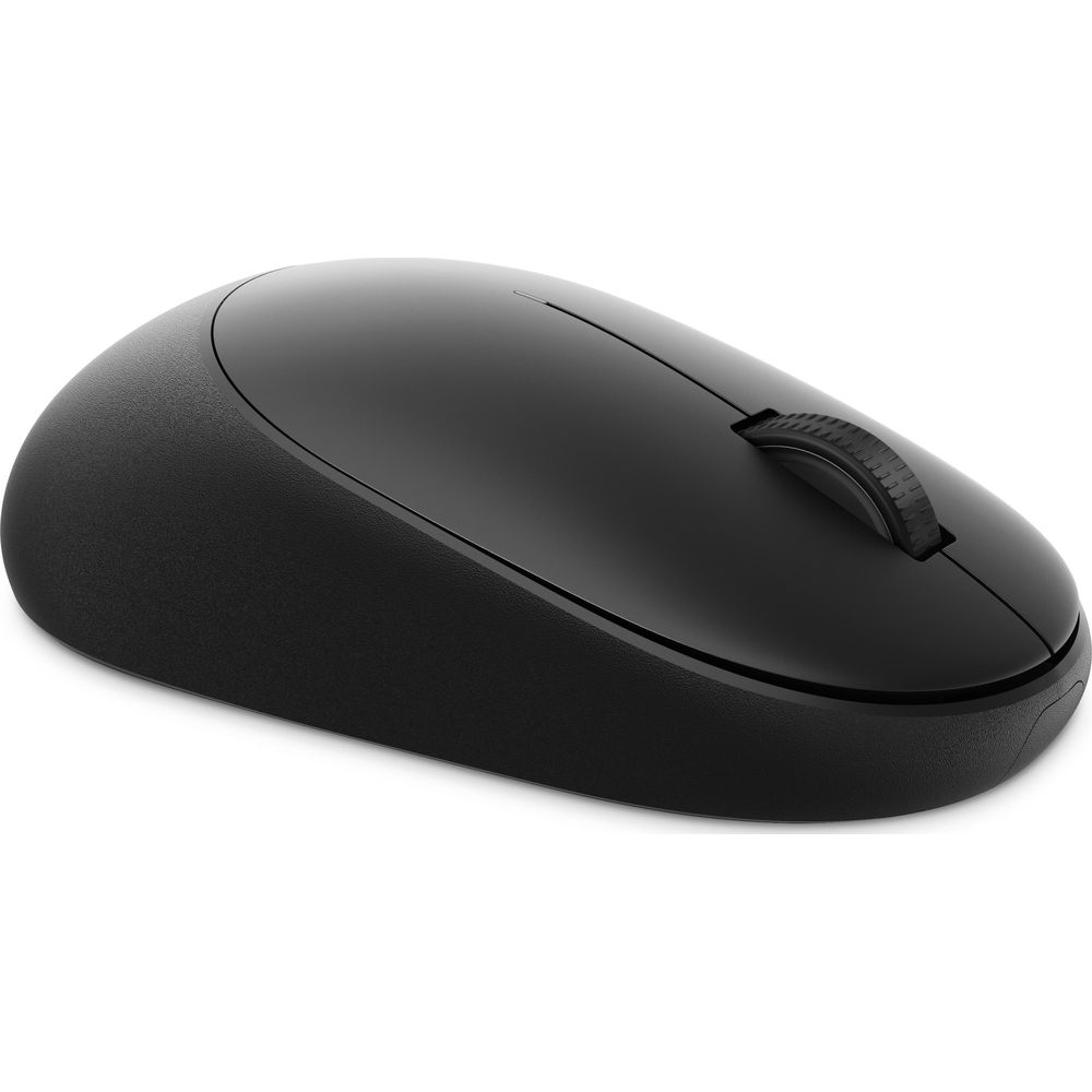 Un elegante mouse per computer wireless nero con rotellina di scorrimento su sfondo bianco.