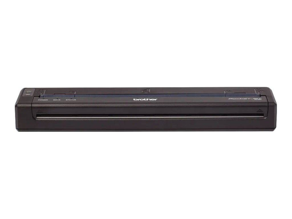 Ein kompakter, schwarzer Brother PocketJet Thermodrucker auf weißem Hintergrund.