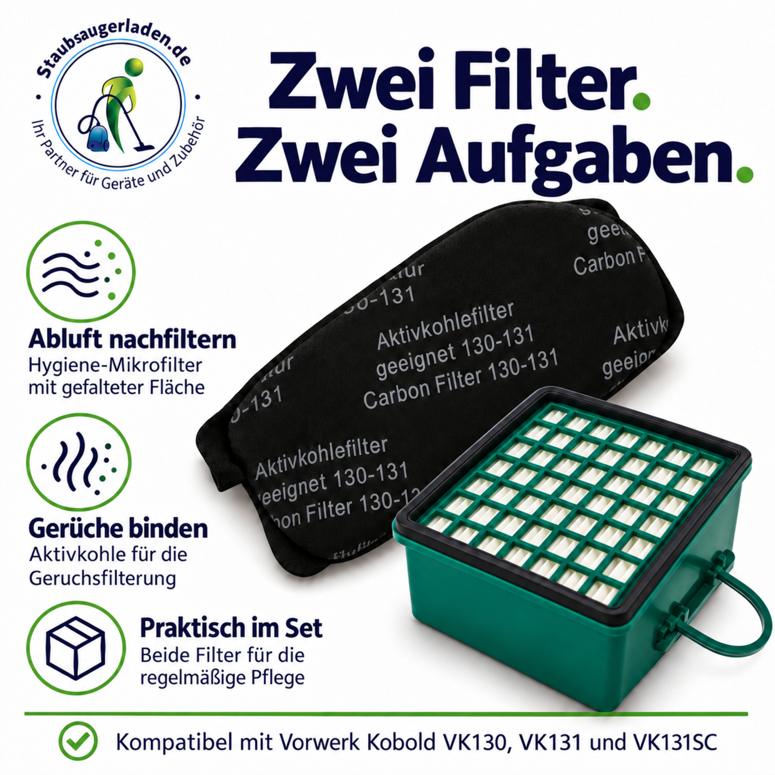 Werbung für zwei Staubsaugerfilter: ein grüner Hygiene-Mikrofilter und ein schwarzer Aktivkohlefilter auf weiß.