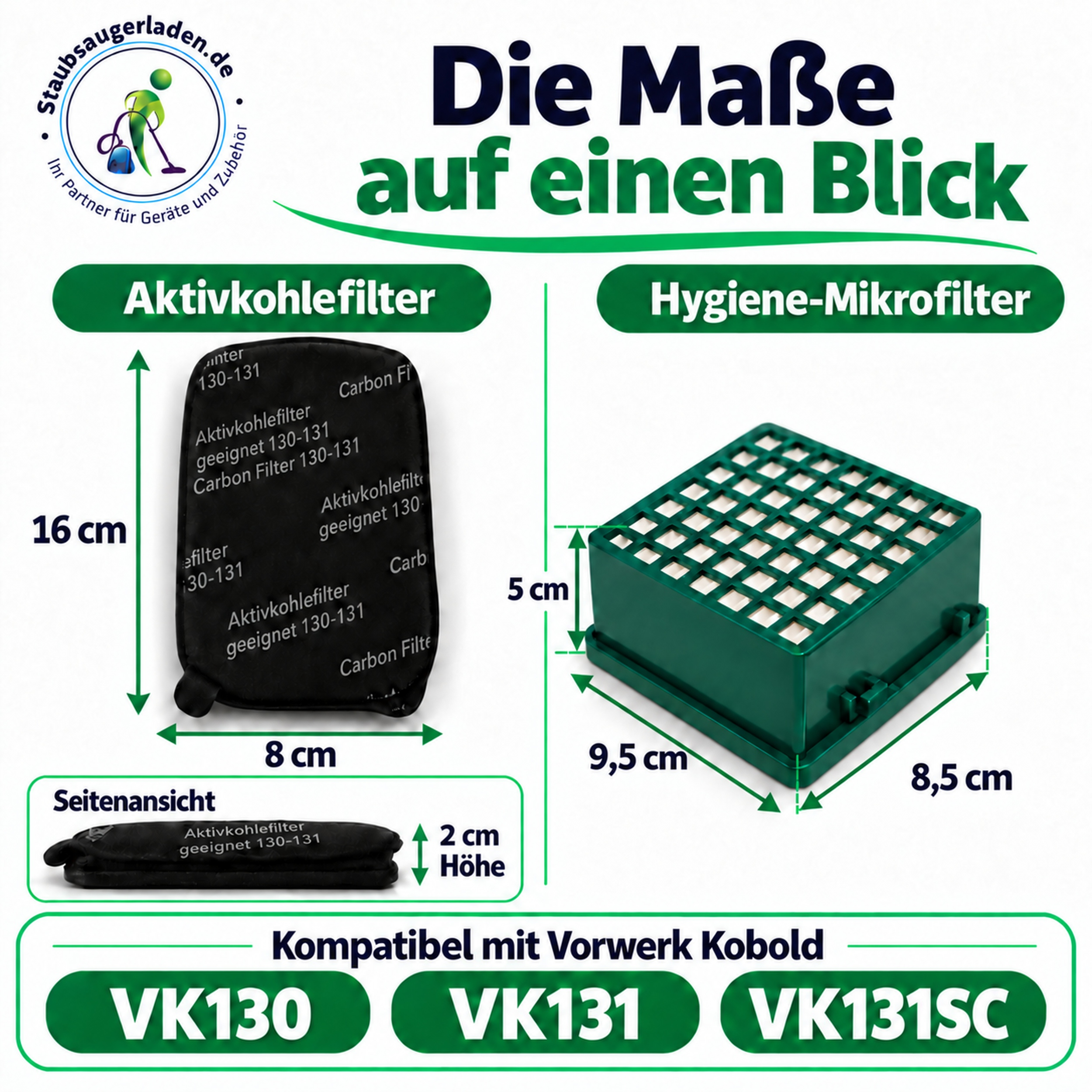 Maße eines Aktivkohlefilters und eines Hygiene-Mikrofilters für Vorwerk Kobold Staubsauger.