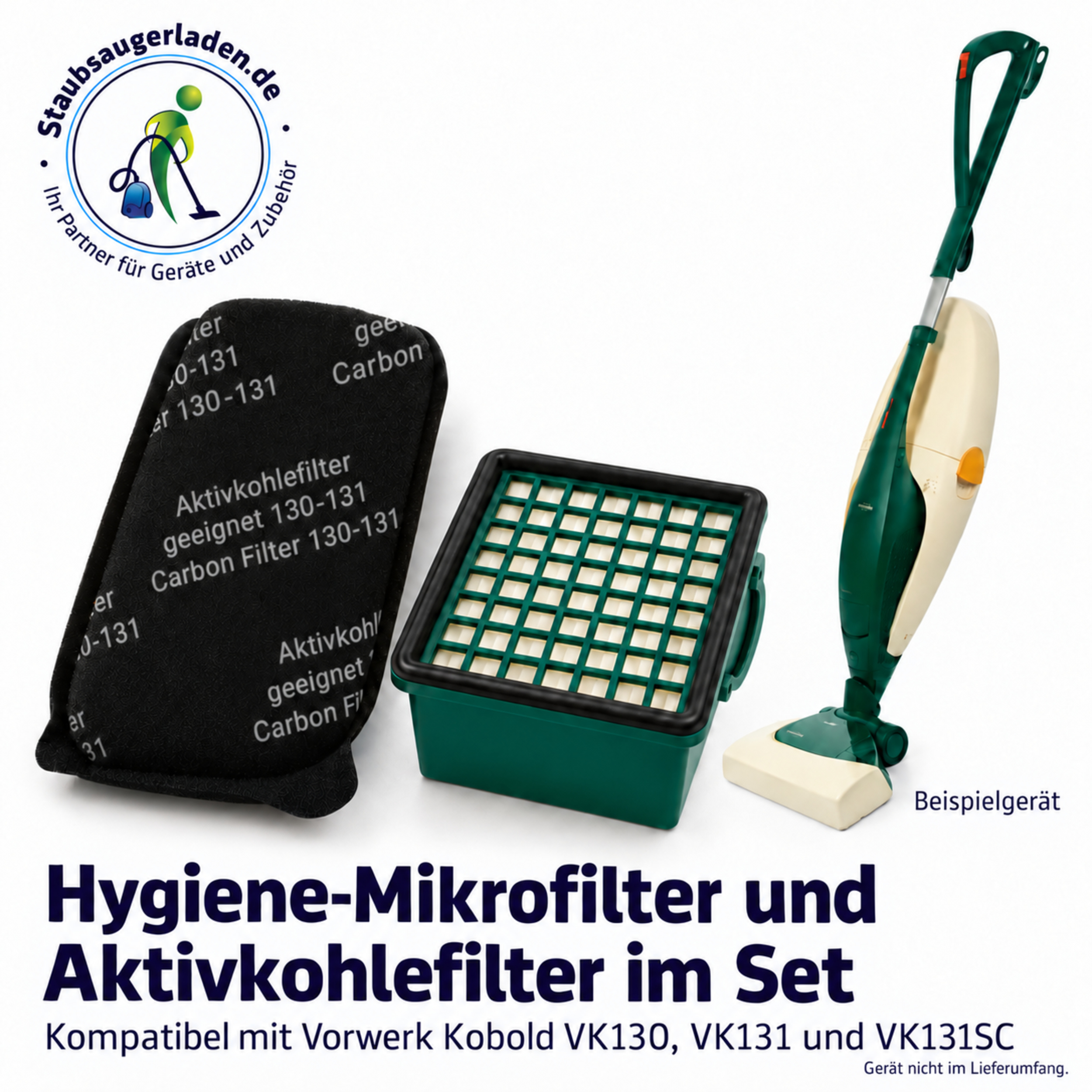 Set aus Aktivkohlefilter und Mikrofilter für Vorwerk Kobold Staubsauger, mit Logo oben links.