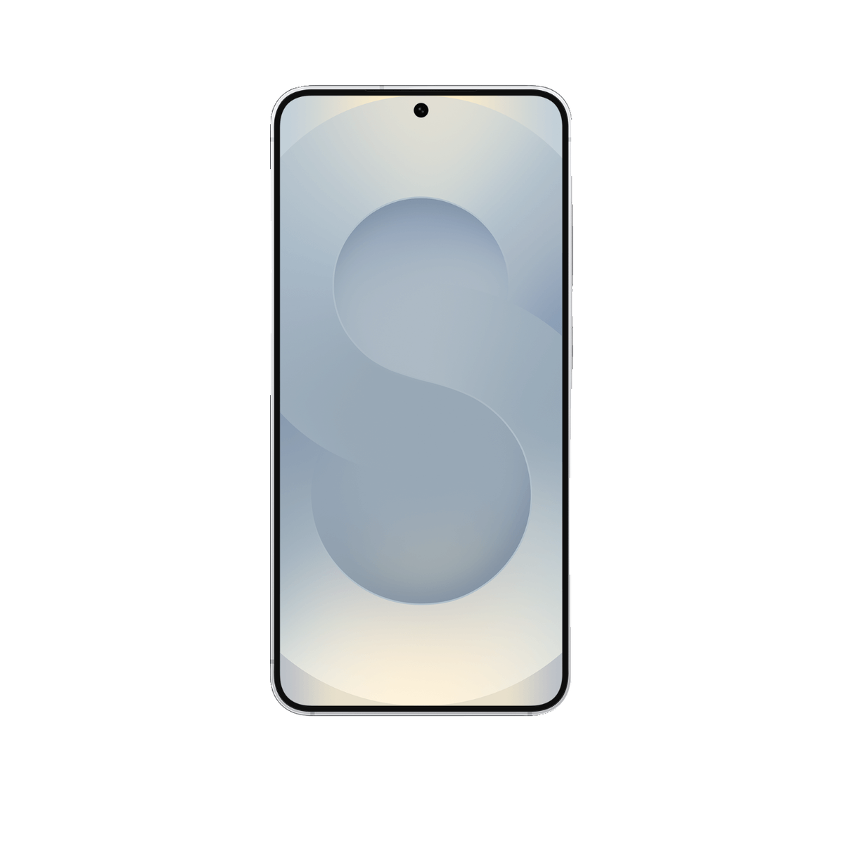 Ein elegantes Smartphone mit blauem abstrakten Hintergrund, einer S-Form und einer Frontkamera oben.