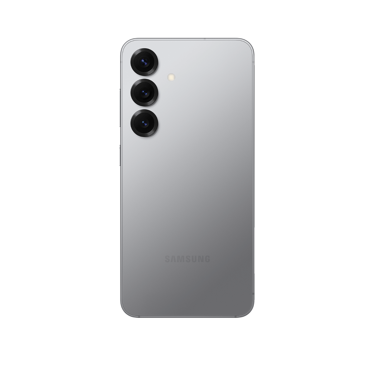 Die Rückseite eines silbernen Smartphones mit drei vertikal angeordneten Kameralinsen und dem Samsung-Logo.