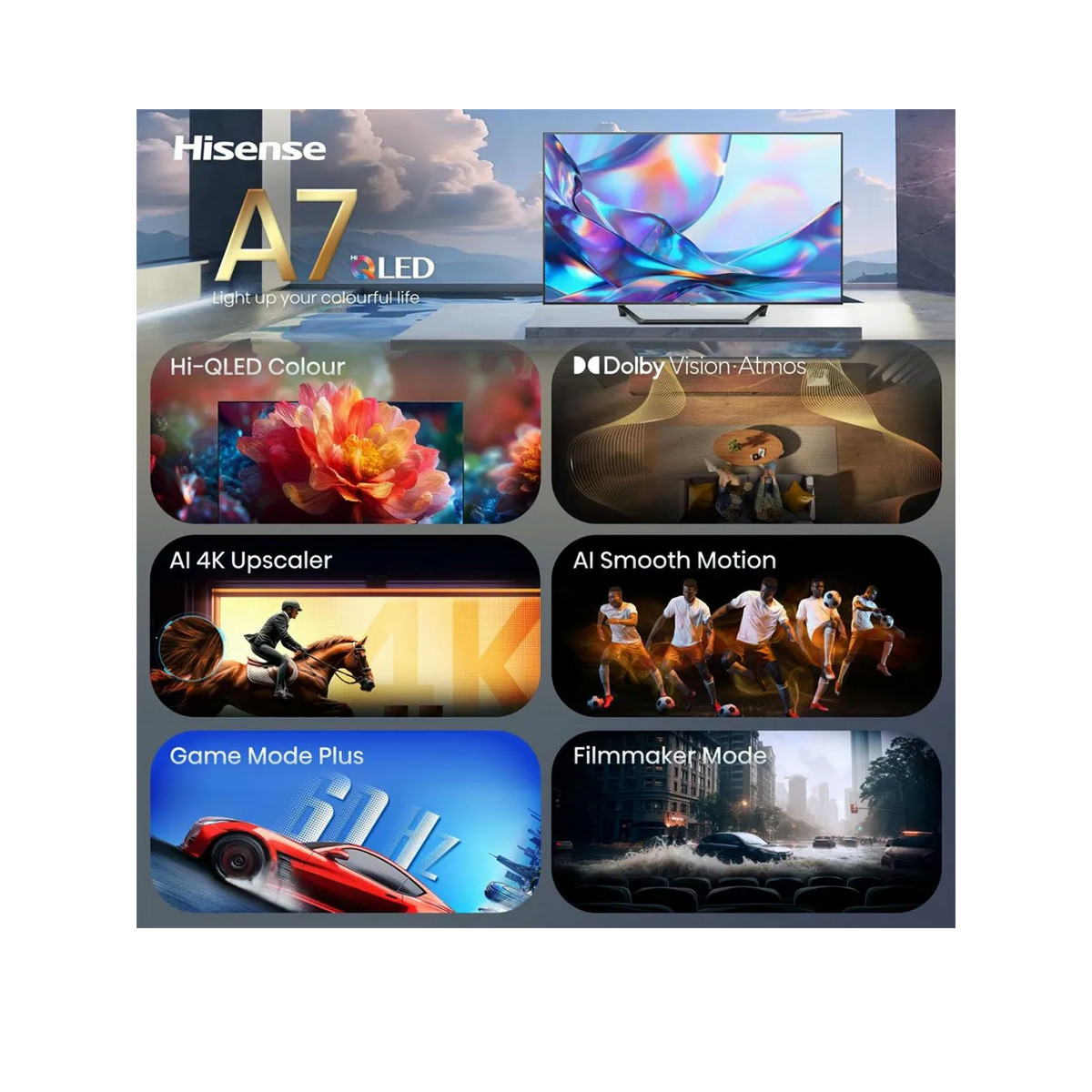 Werbung für den Hisense A7 QLED TV mit Merkmalen wie Dolby Vision, KI-Upscaler und Game Mode Plus.