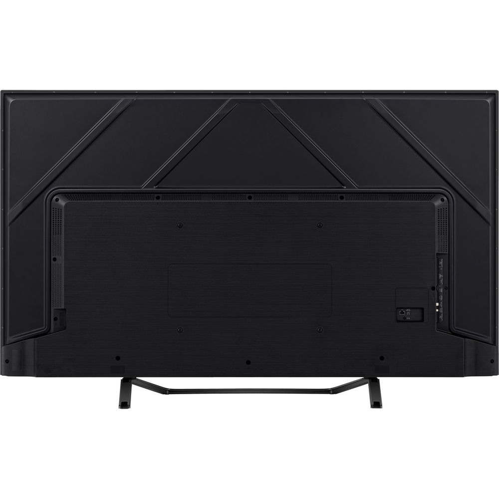 Die Rückseite eines schwarzen Flachbildfernsehers mit integriertem Ständer und sichtbaren Anschlüssen.