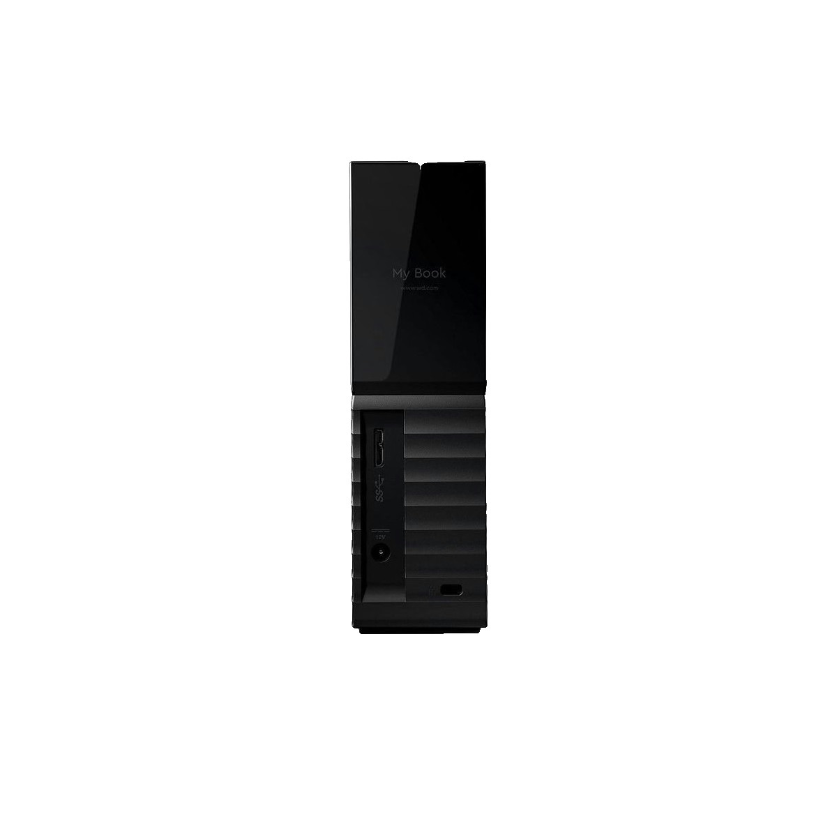 Schwarze My Book externe Festplatte mit USB- und Netzanschluss auf weißem Hintergrund.