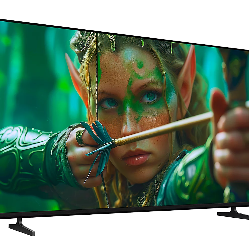 Ein Fernseher zeigt eine Elfe, die in grünem Waldsetting einen Bogen spannt.