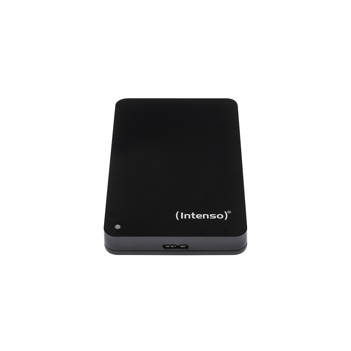 Eine schwarze Intenso-Aussenspeicherplatte liegt auf weissem Grund mit USB-Anschluss.