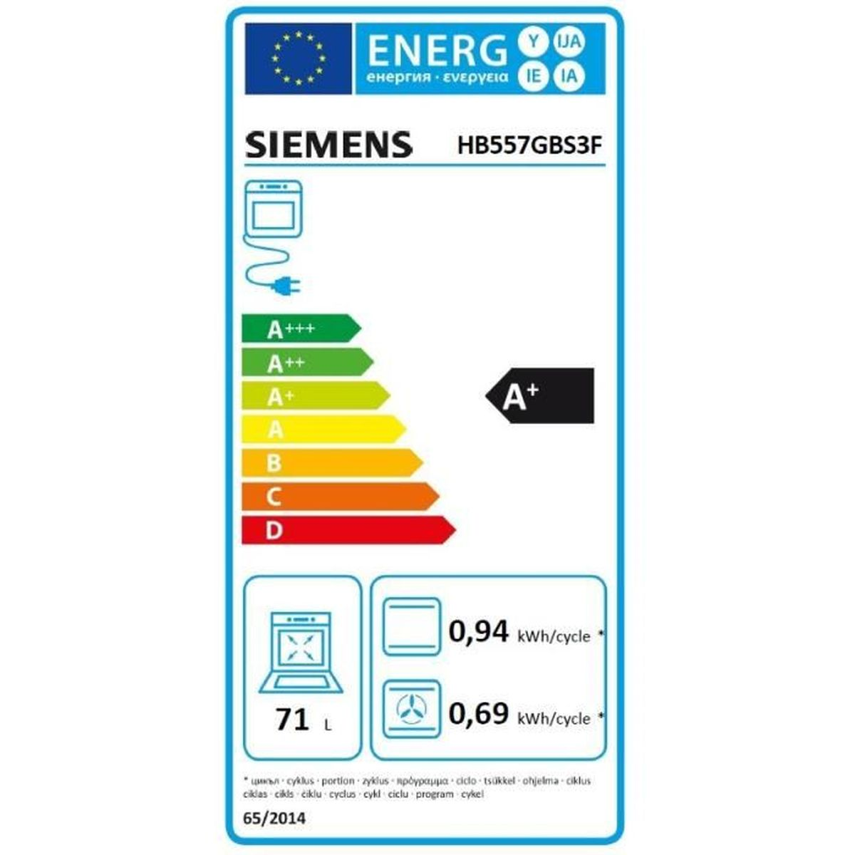 Siemens Energieeffizienzlabel zeigt die Klasse A+ mit Verbrauchsdaten.