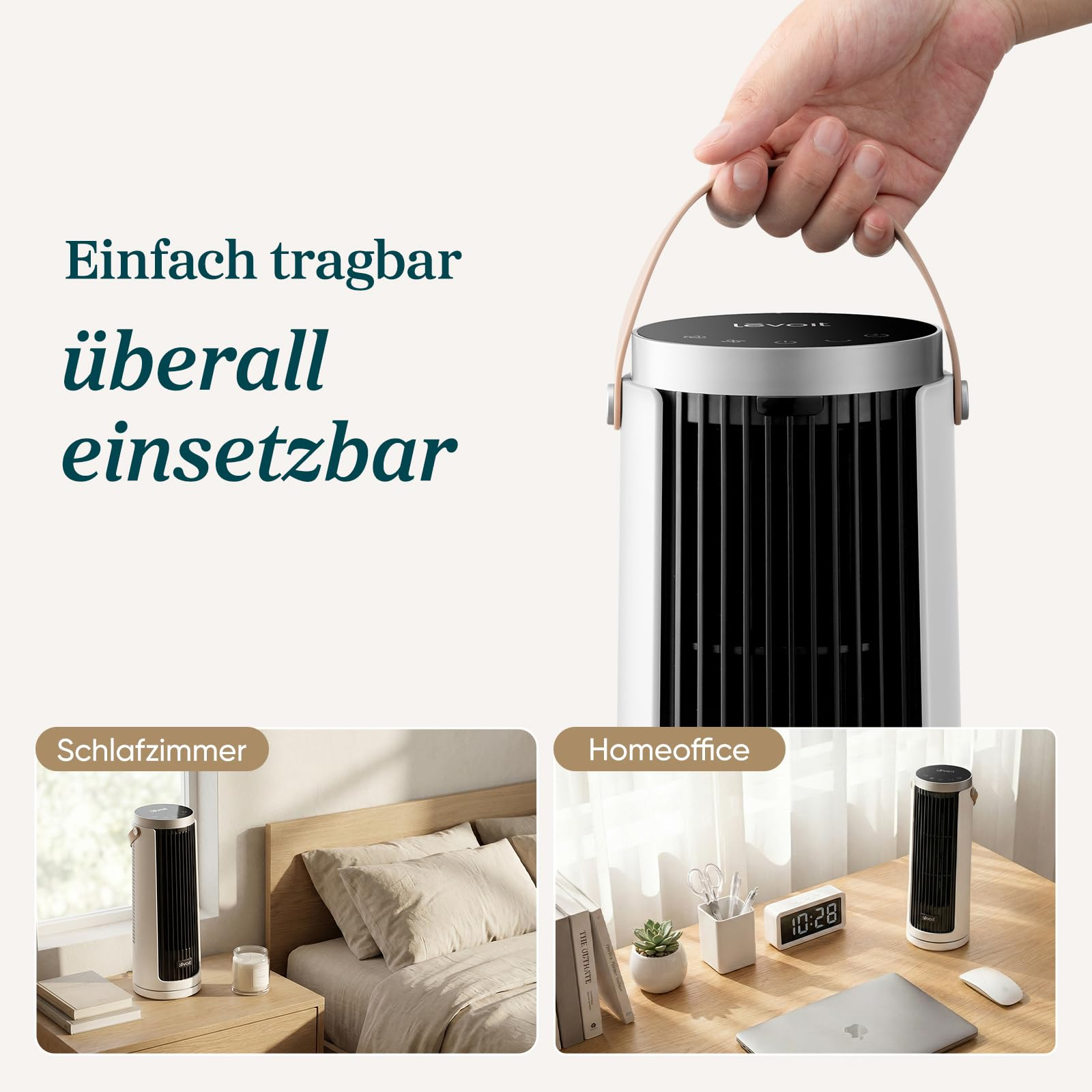 Una mano regge un ventilatore a torre bianco portatile. I riquadri mostrano camera da letto e ufficio.