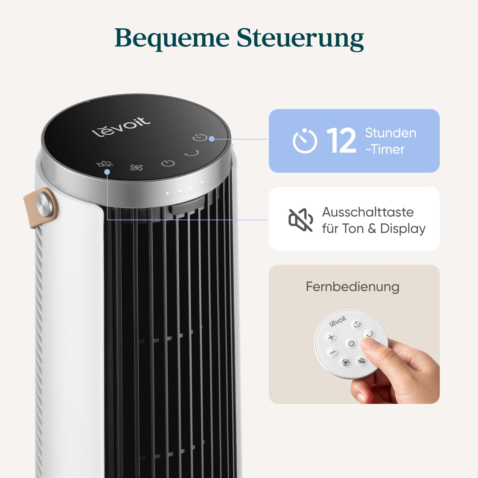 Un ventilatore a torre Levoit con timer, muto e telecomando.