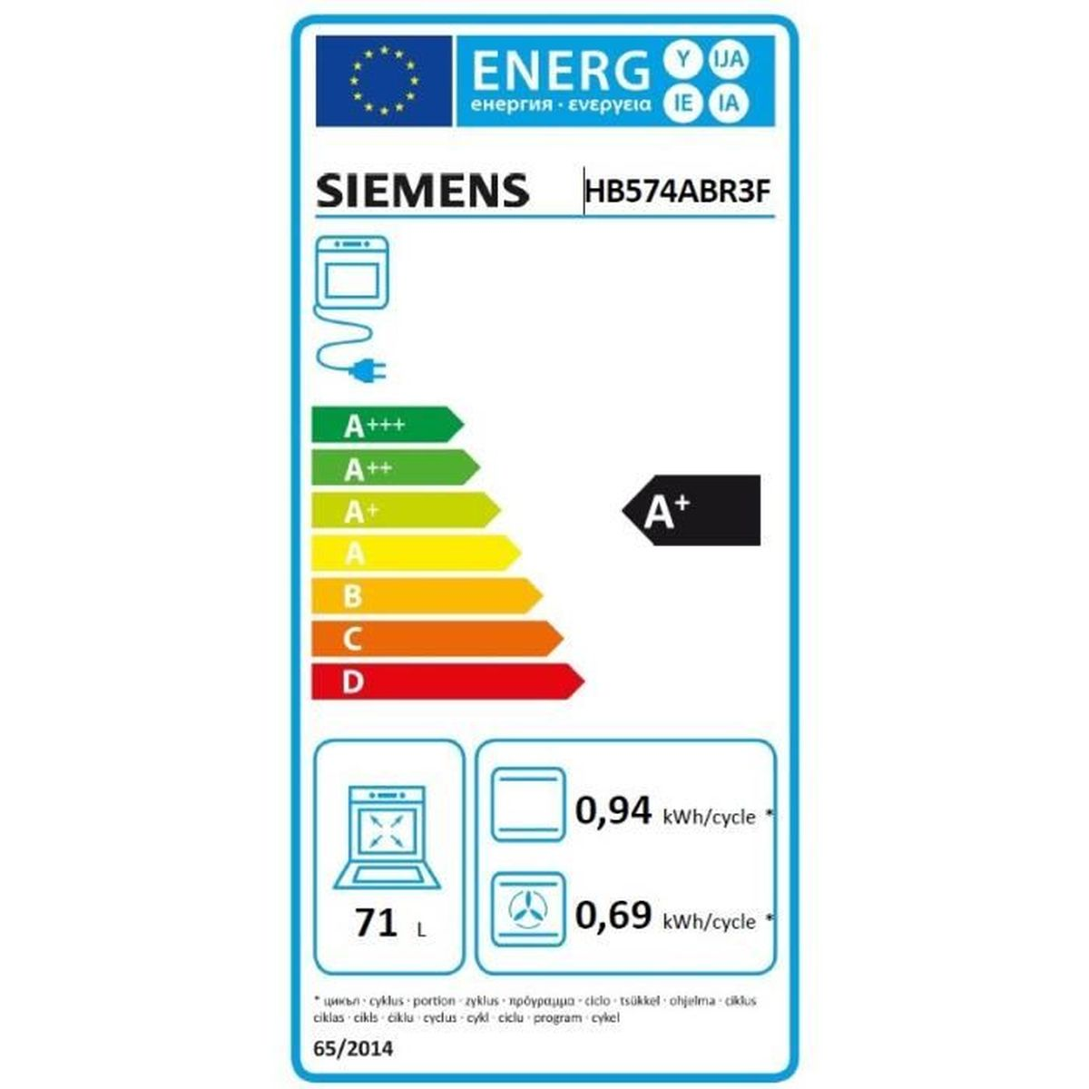 Siemens Energieeffizienzlabel für Backofen HB574ABR3F mit Klasse A+ und 71 L Volumen.