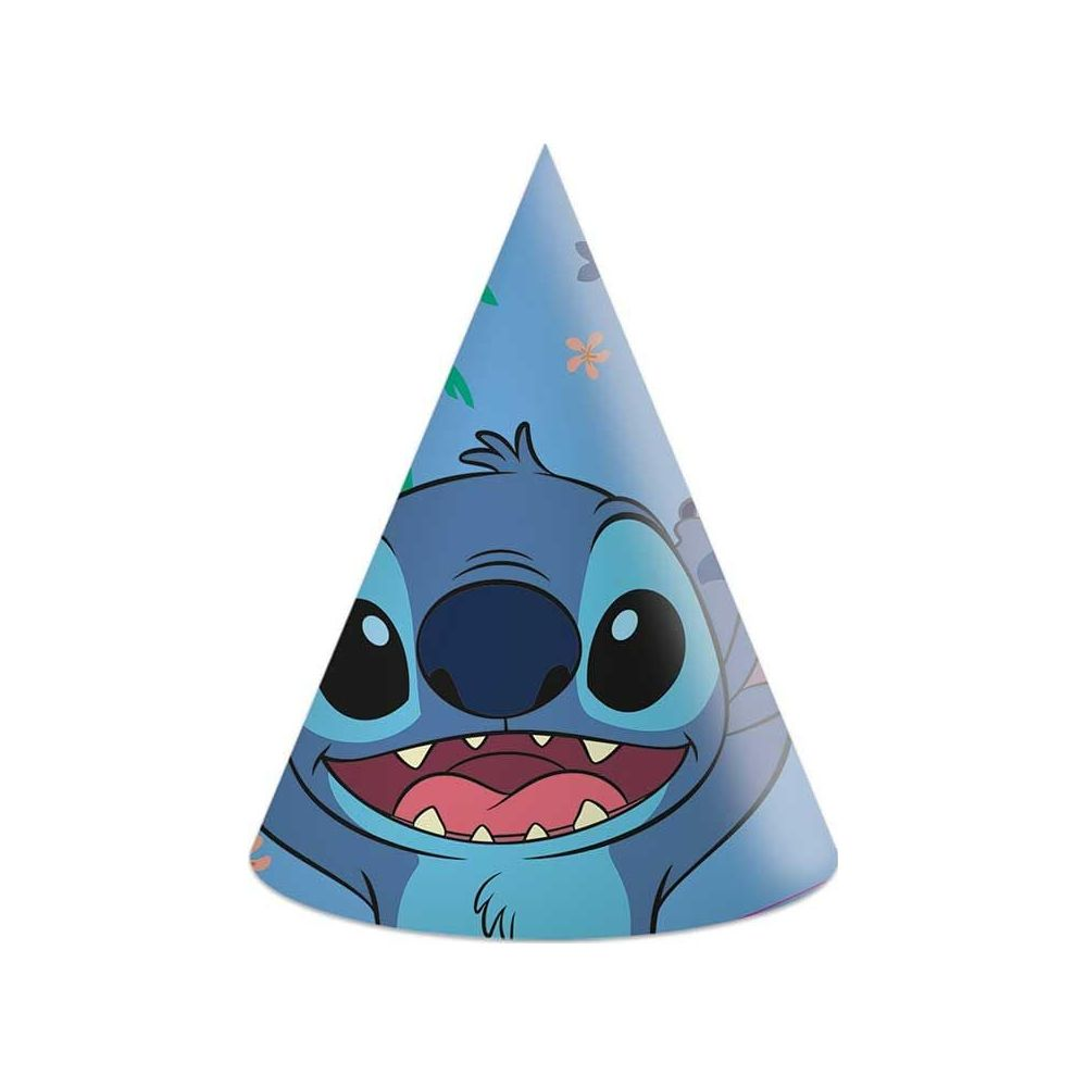 Ein blauer Partyhut mit dem Gesicht von Stitch darauf.