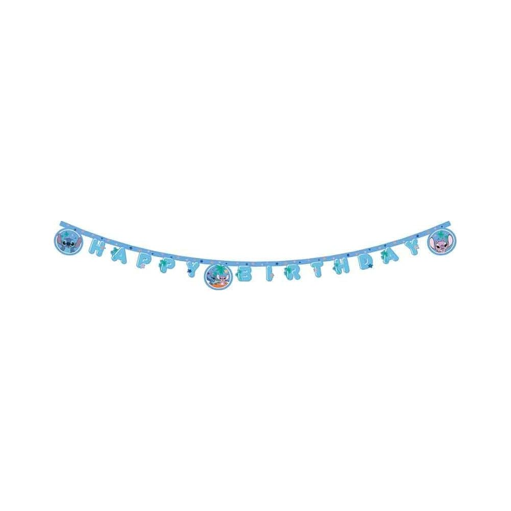 Eine blaue Happy Birthday Girlande mit Stitch Motiven auf weißem Hintergrund.