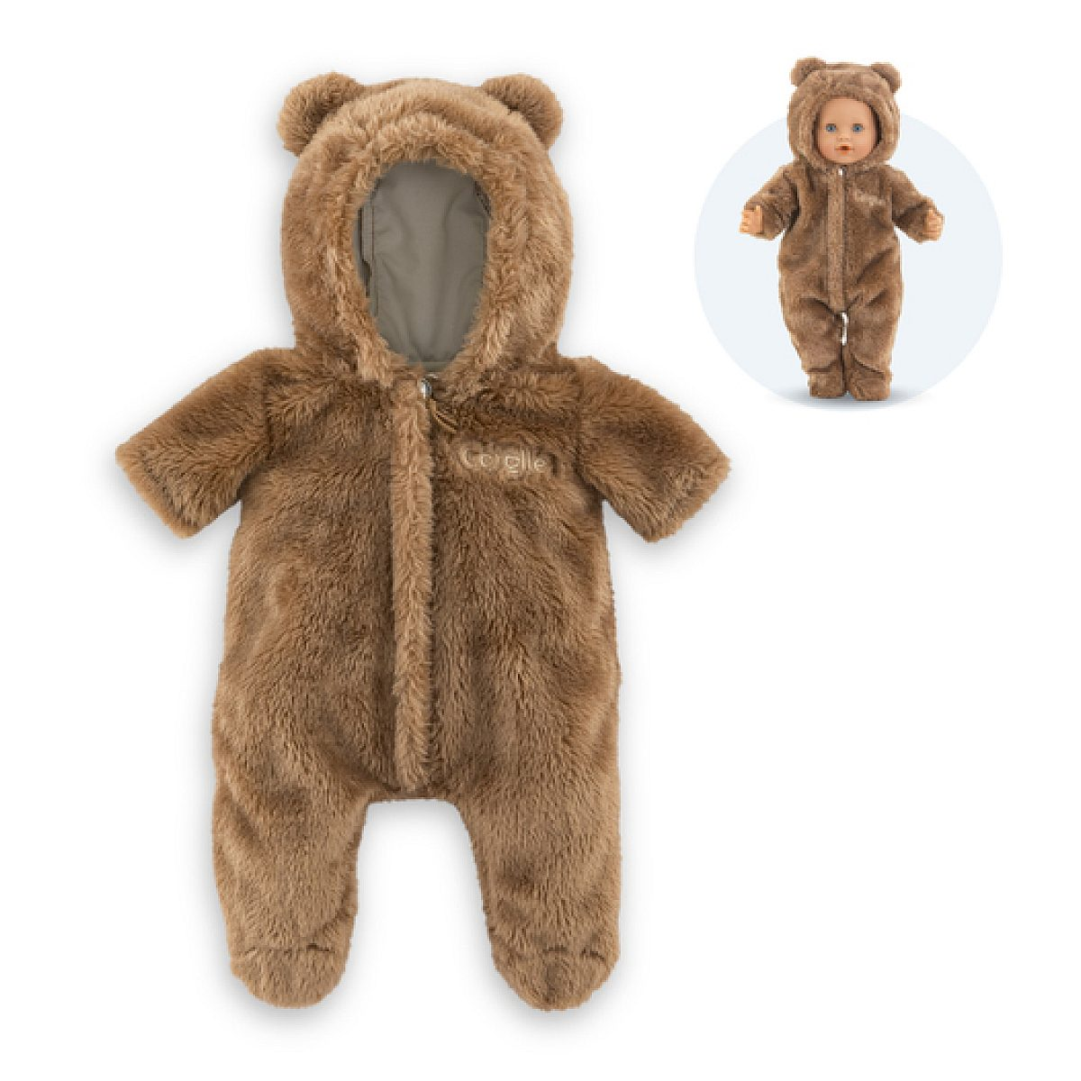 Tuta da orsetto in peluche marrone per bambole con cappuccio e zip, con piccola immagine di una bambola che la indossa.