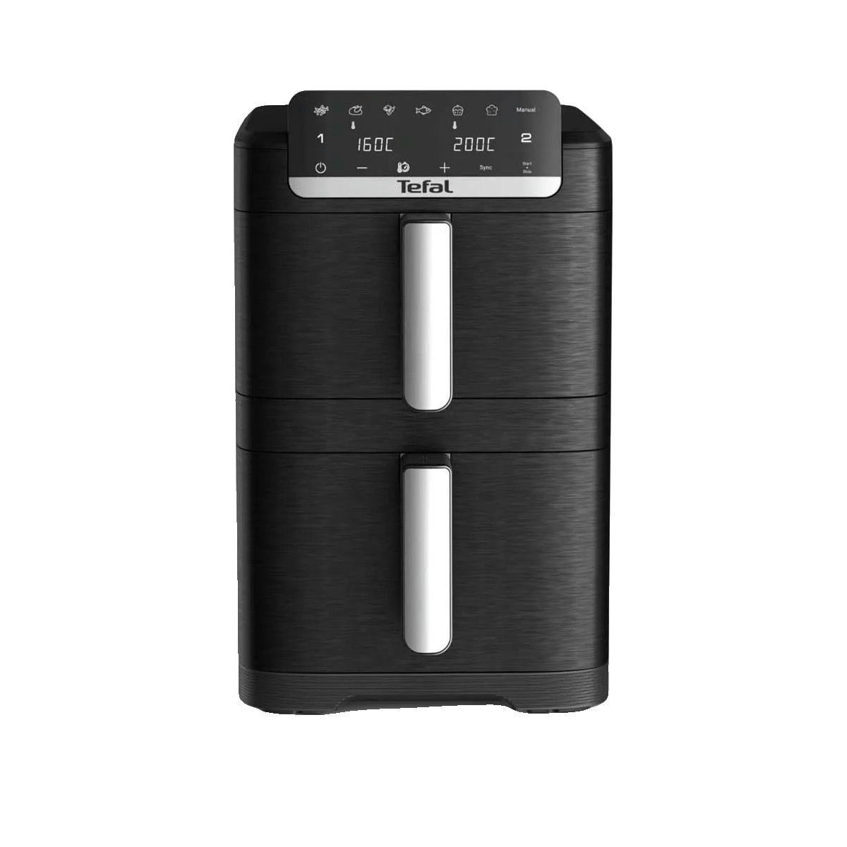 Friggitrice ad aria Tefal nera a doppia zona con display digitale e maniglie argento su sfondo bianco.
