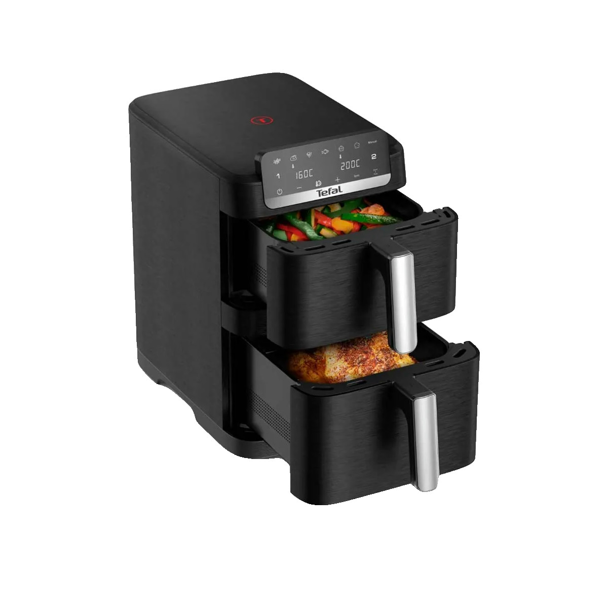 Friggitrice ad aria nera Tefal a doppio cesto con verdure sopra e carne sotto.