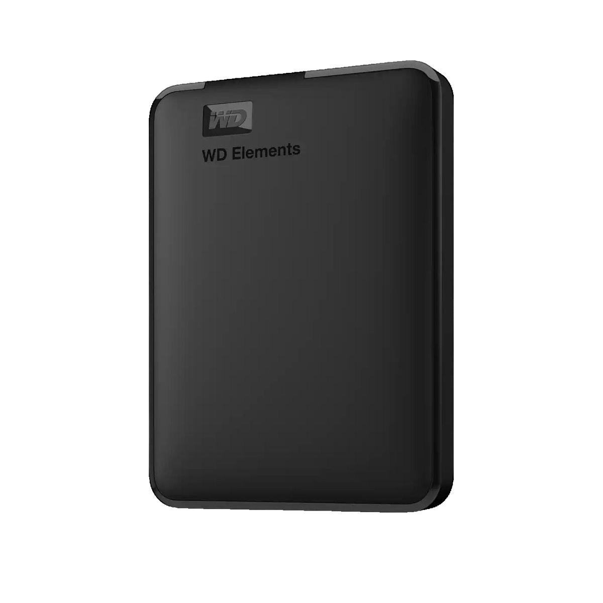Eine schwarze WD Elements tragbare Festplatte vor weißem Hintergrund.