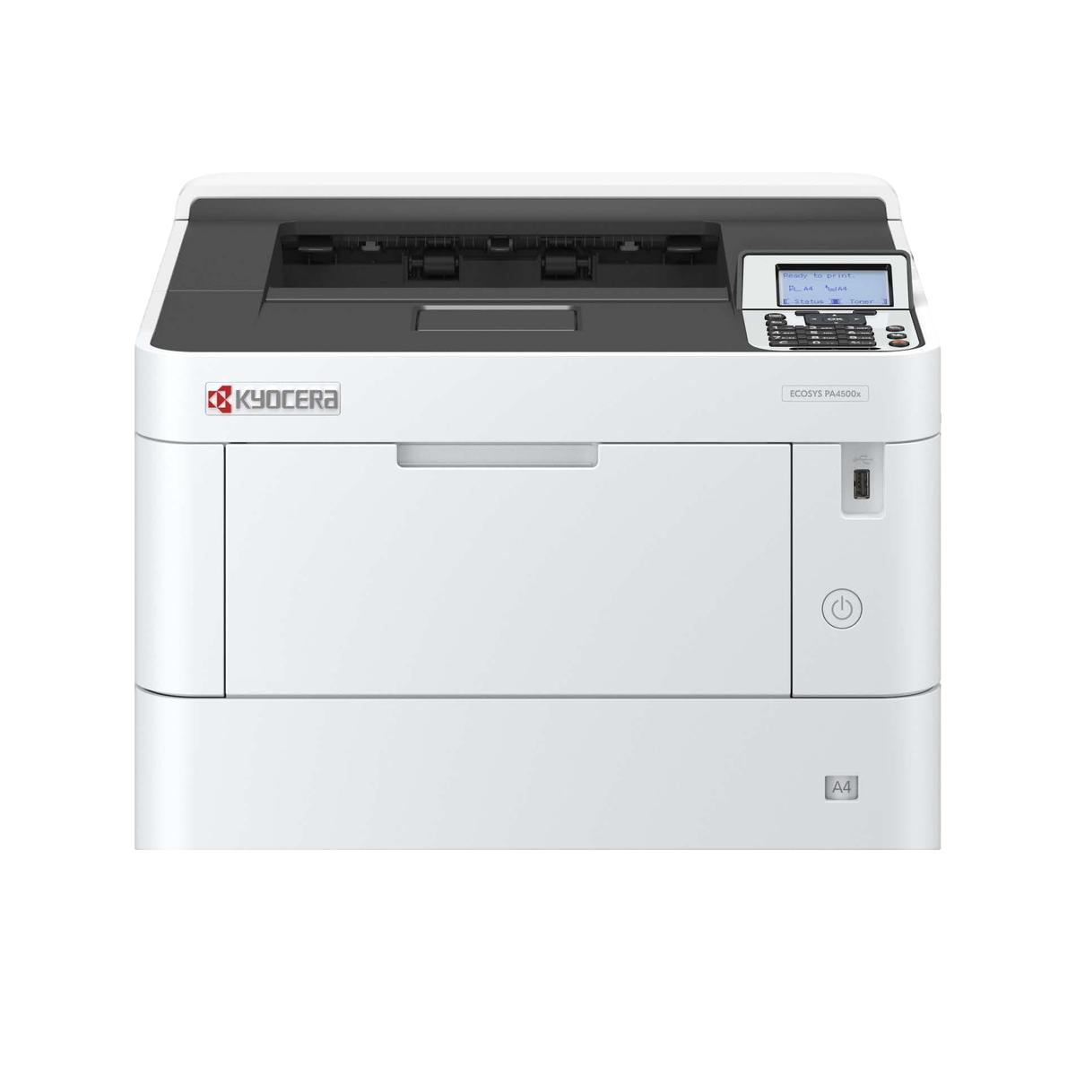 Ein weißer Kyocera Ecosys Drucker mit Digitaldisplay und Bedienfeld rechts vorne.