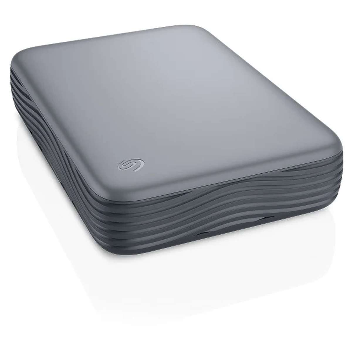 Eine graue externe Festplatte mit wellenförmigen Linien und Logo auf weißem Hintergrund.