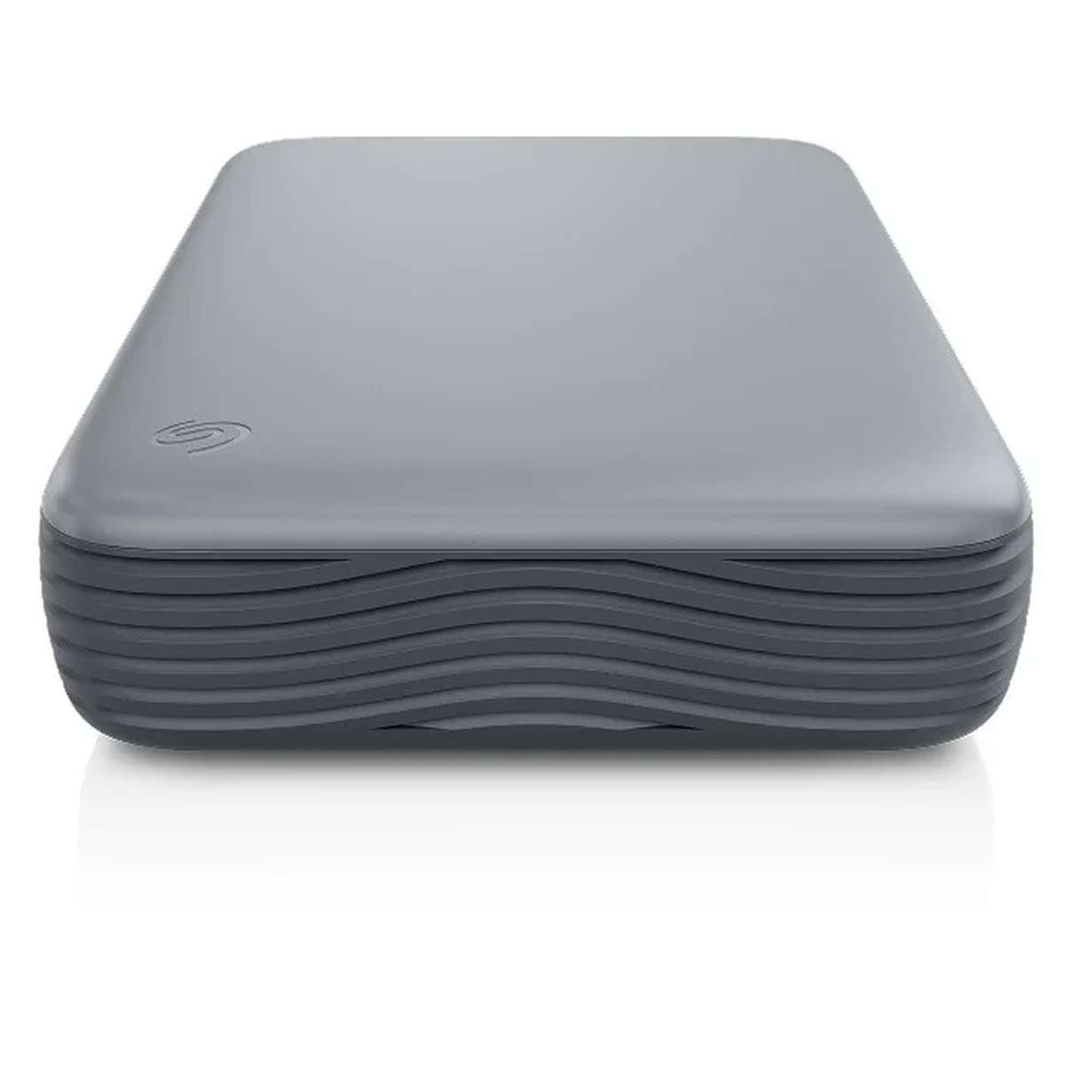 Eine graue externe Festplatte mit abgerundeten Ecken und Wellenmuster.