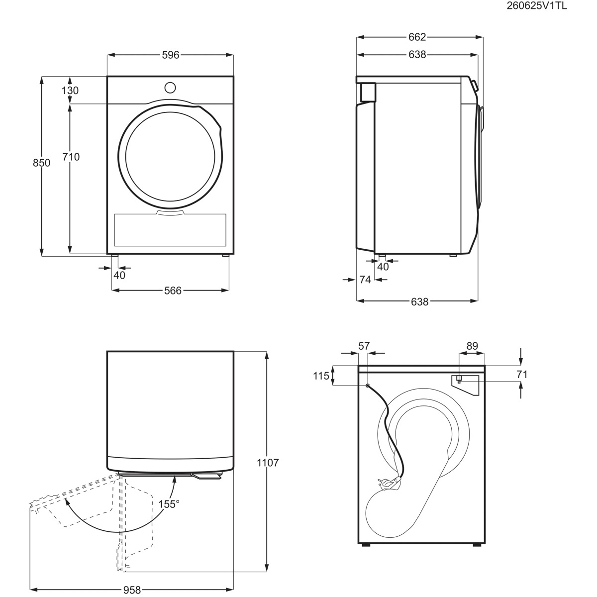 Disegno tecnico di una lavatrice con quote da tutti i lati.