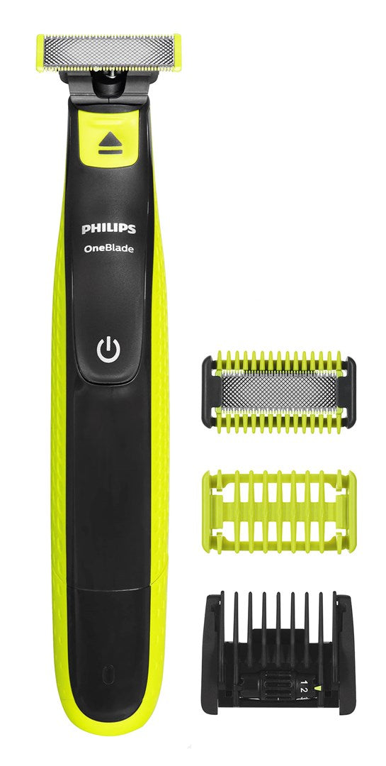 Czarno-żółta maszynka do golenia Philips OneBlade z trzema nasadkami na białym tle.