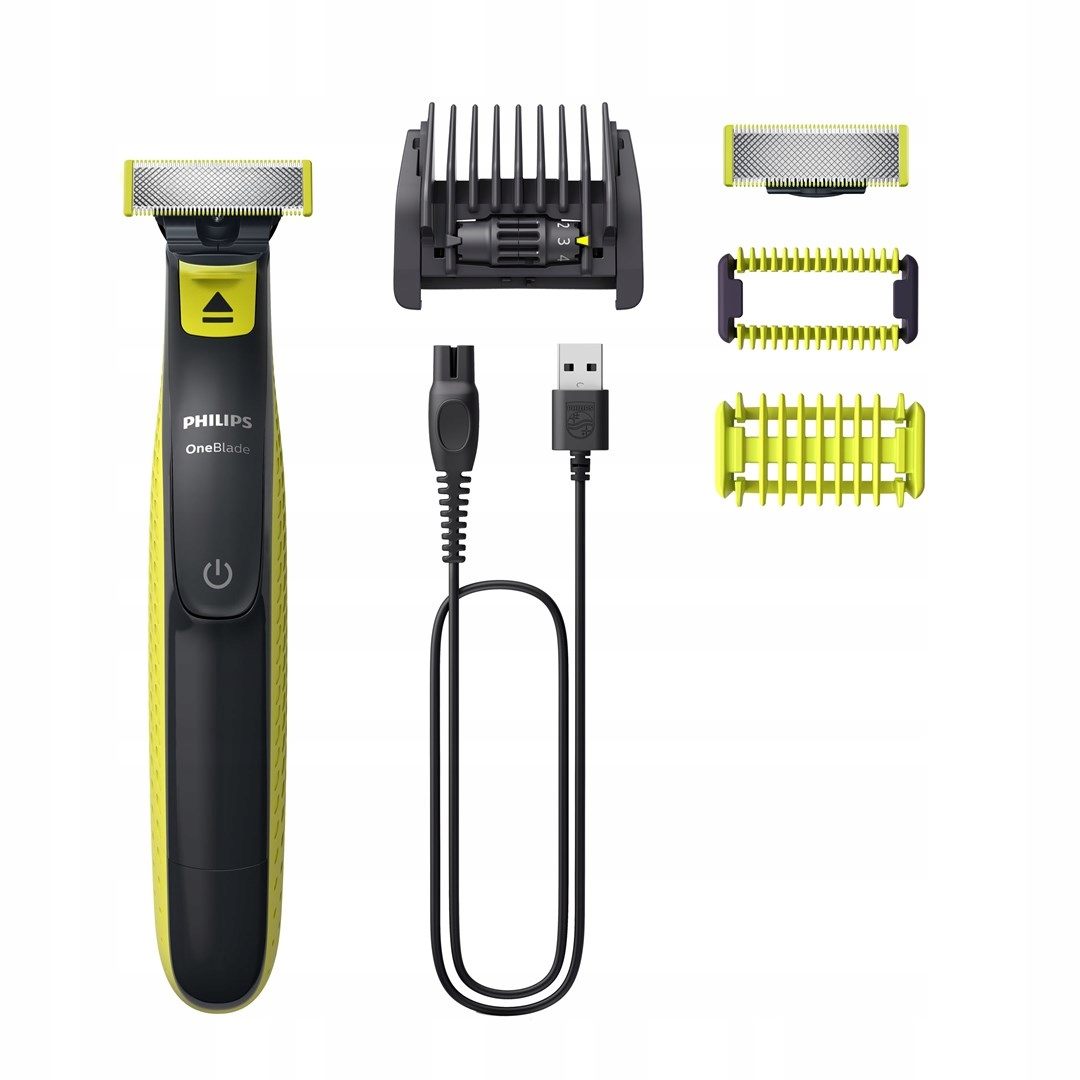 Golarka Philips OneBlade z kablem ładującym i nasadkami na białym tle.