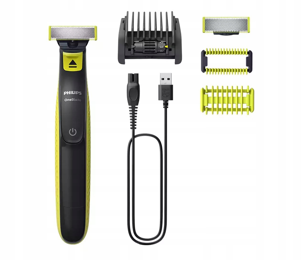 Czarno-żółta maszynka Philips OneBlade z kablem USB, regulowaną nasadką grzebieniową i wymiennymi ostrzami.