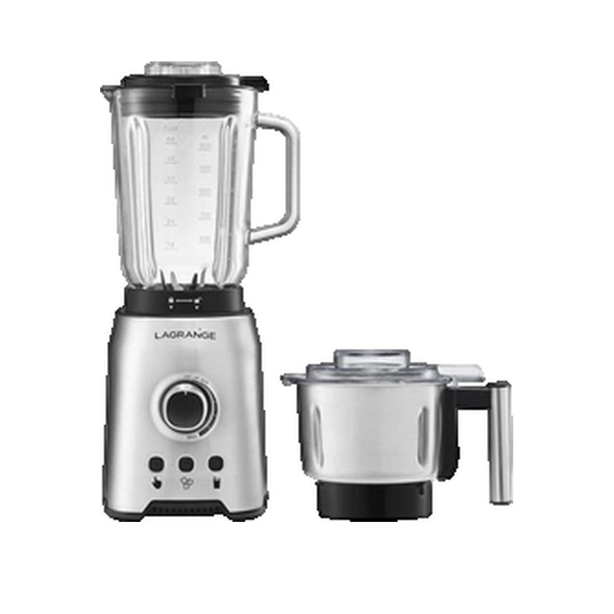 Edelstahlblender mit großem Glasbehälter und zusätzlichem Mahlbecher.