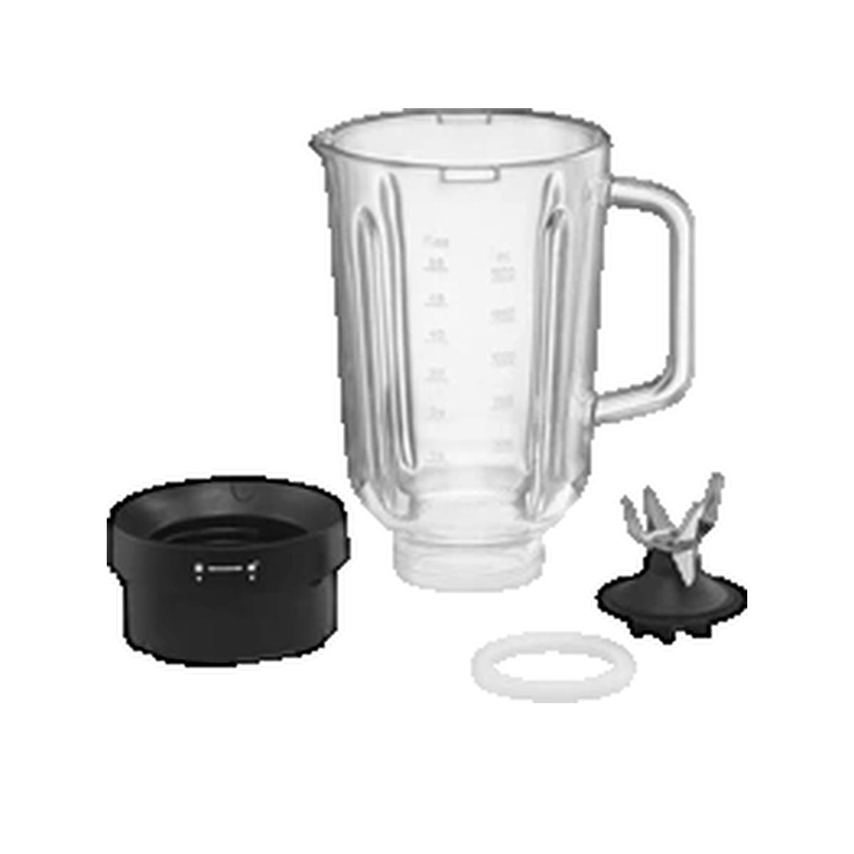 Ein zerlegter Blenderbehälter mit klarem Krug, schwarzem Sockel, Messereinheit und Dichtungsring.