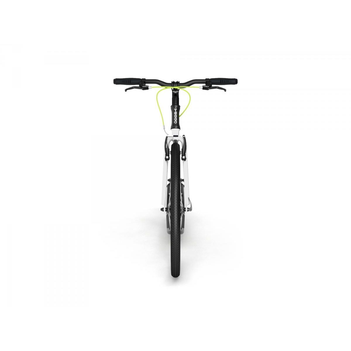 Vista frontale di una bicicletta bianca con manubrio e copertone neri, su sfondo bianco.