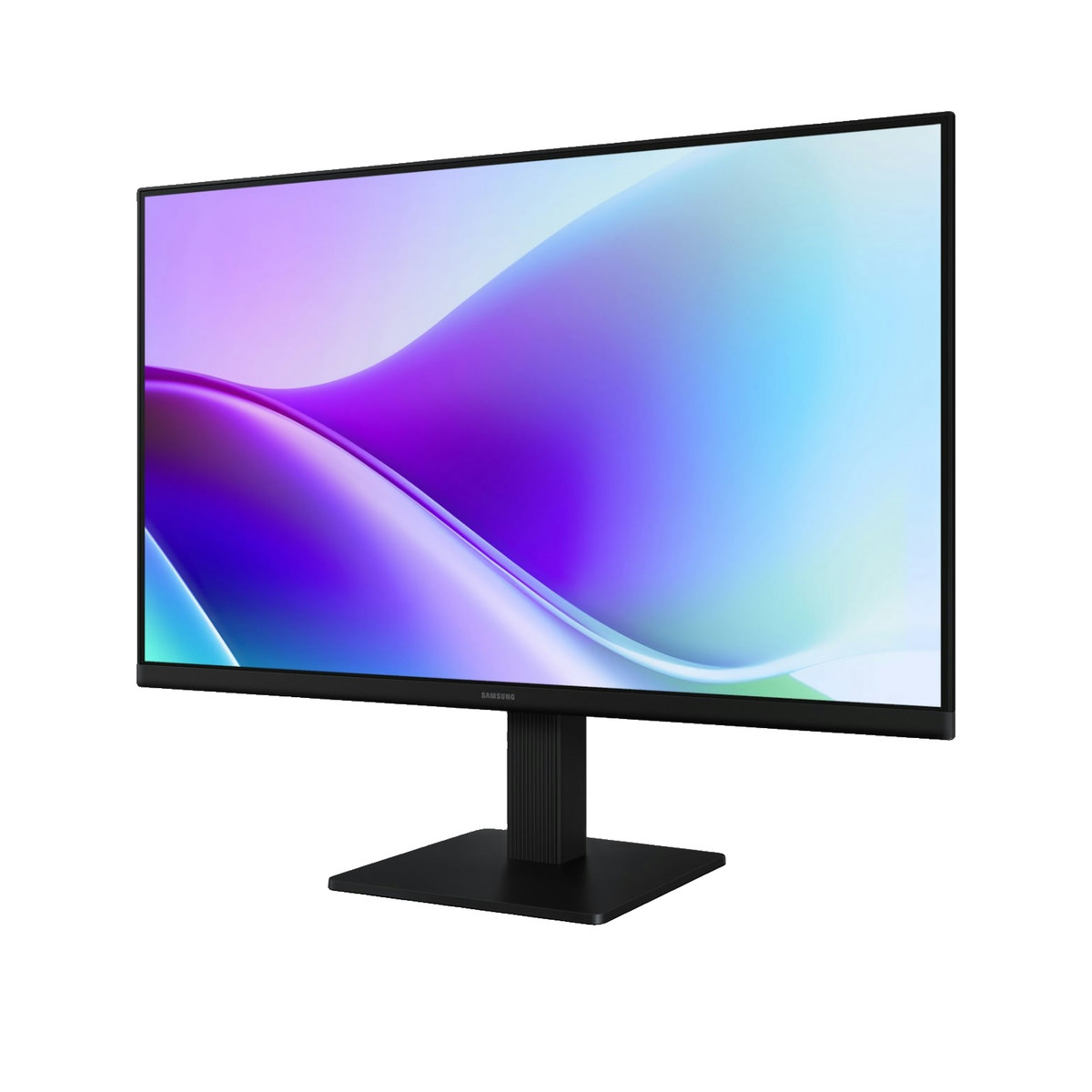 Ein schwarzer Samsung-Monitor auf einem Ständer mit einem abstrakten violett-türkisen Hintergrundbild auf dem Bildschirm.