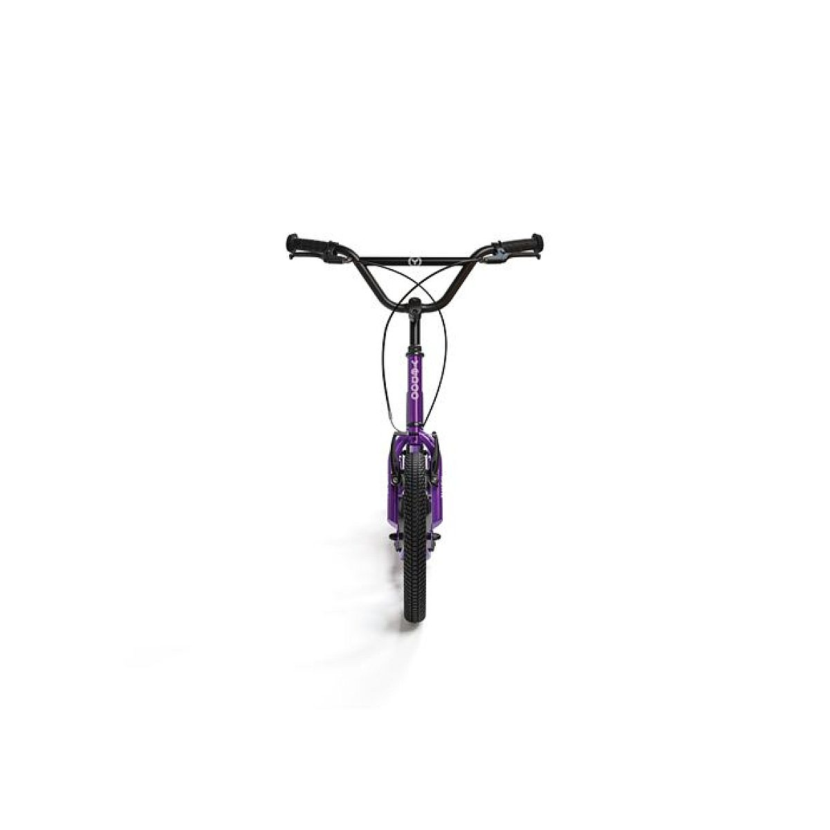 Vista frontale di una bicicletta senza pedali viola con manubrio nero e ruota anteriore su sfondo bianco.