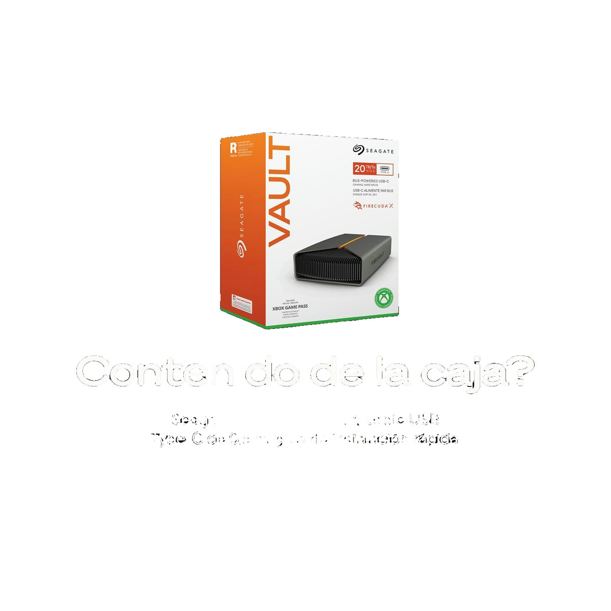 Seagate FireCuda Gaming Vault Festplattenverpackung mit weißer und oranger Gestaltung vor weißem Hintergrund.