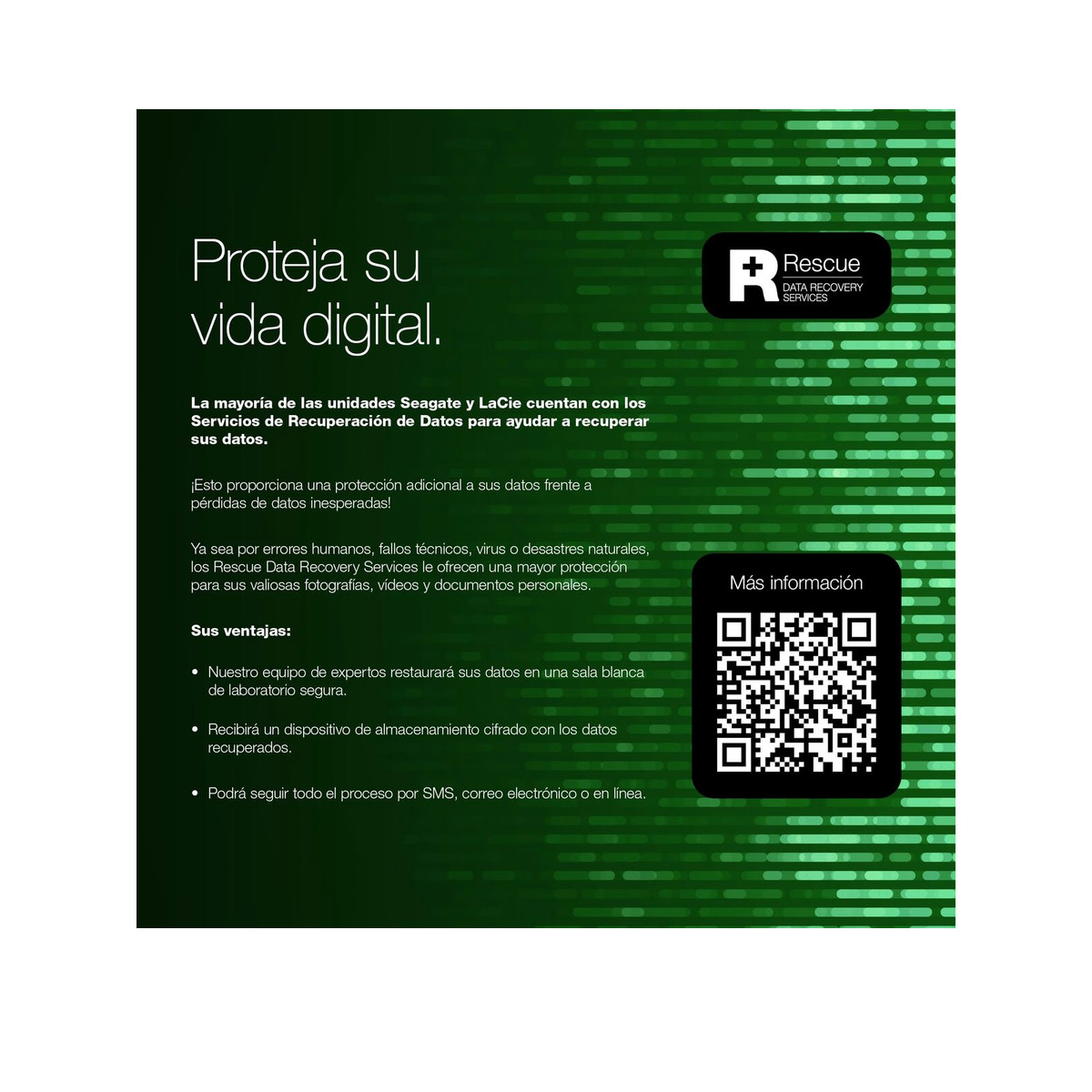 Ein Informationsplakat auf Spanisch, das Datenrettungsdienste vor einem grünen digitalen Hintergrund bewirbt.