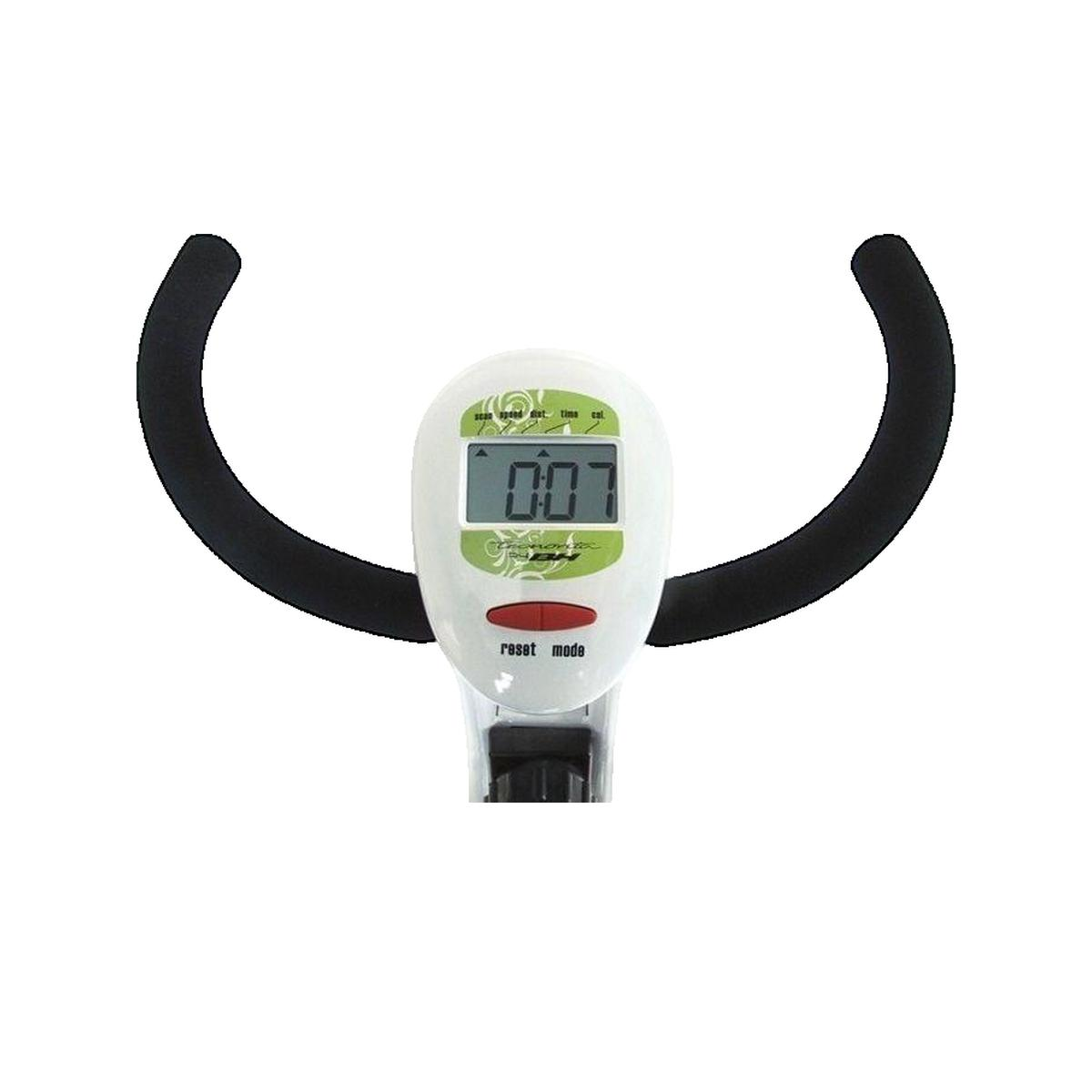 Heimtrainer-Lenker mit weißem Display, digitaler Anzeige und roten Tasten.