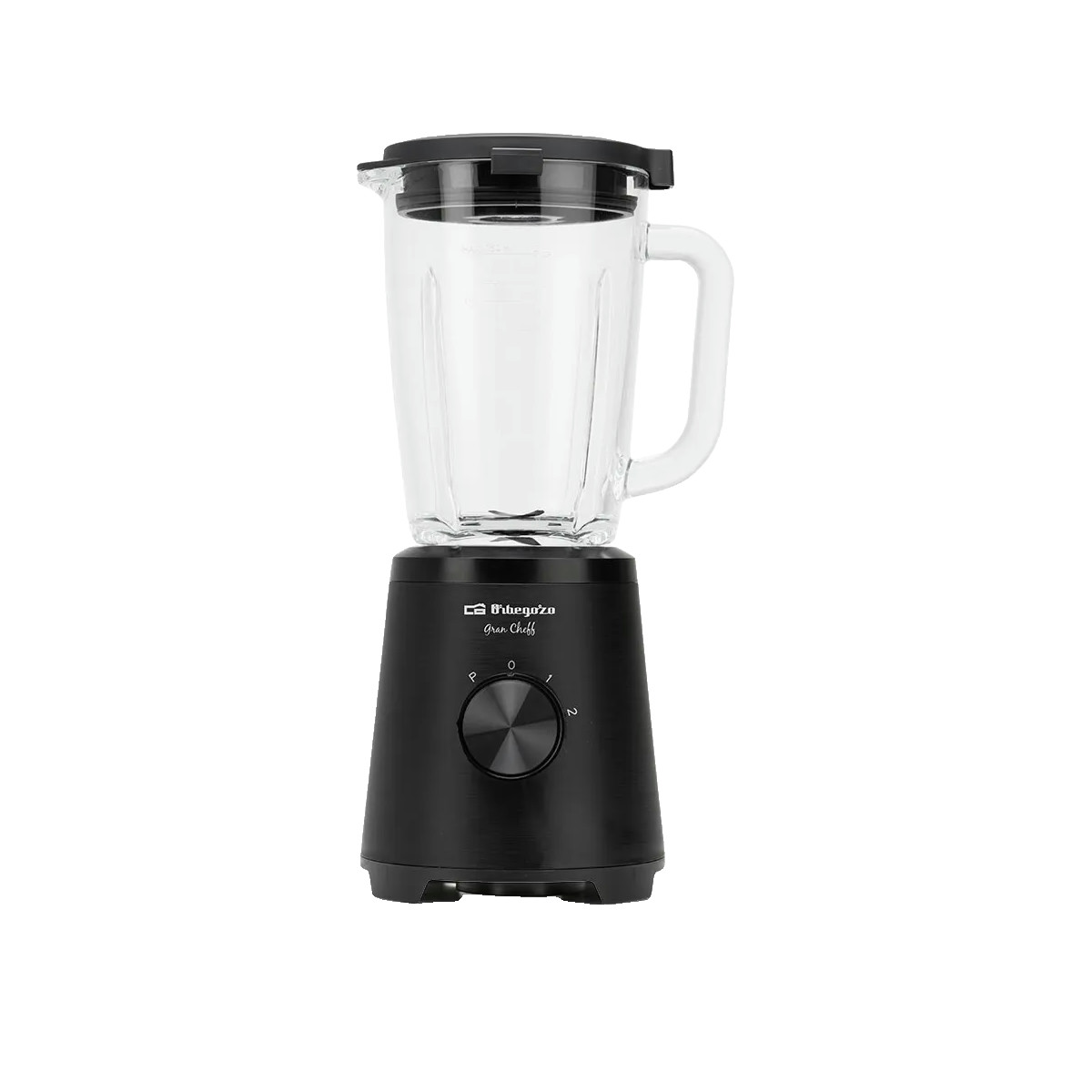Ein elektrischer Standmixer mit schwarzer Basis, einem Glasbehälter und einem Drehregler.