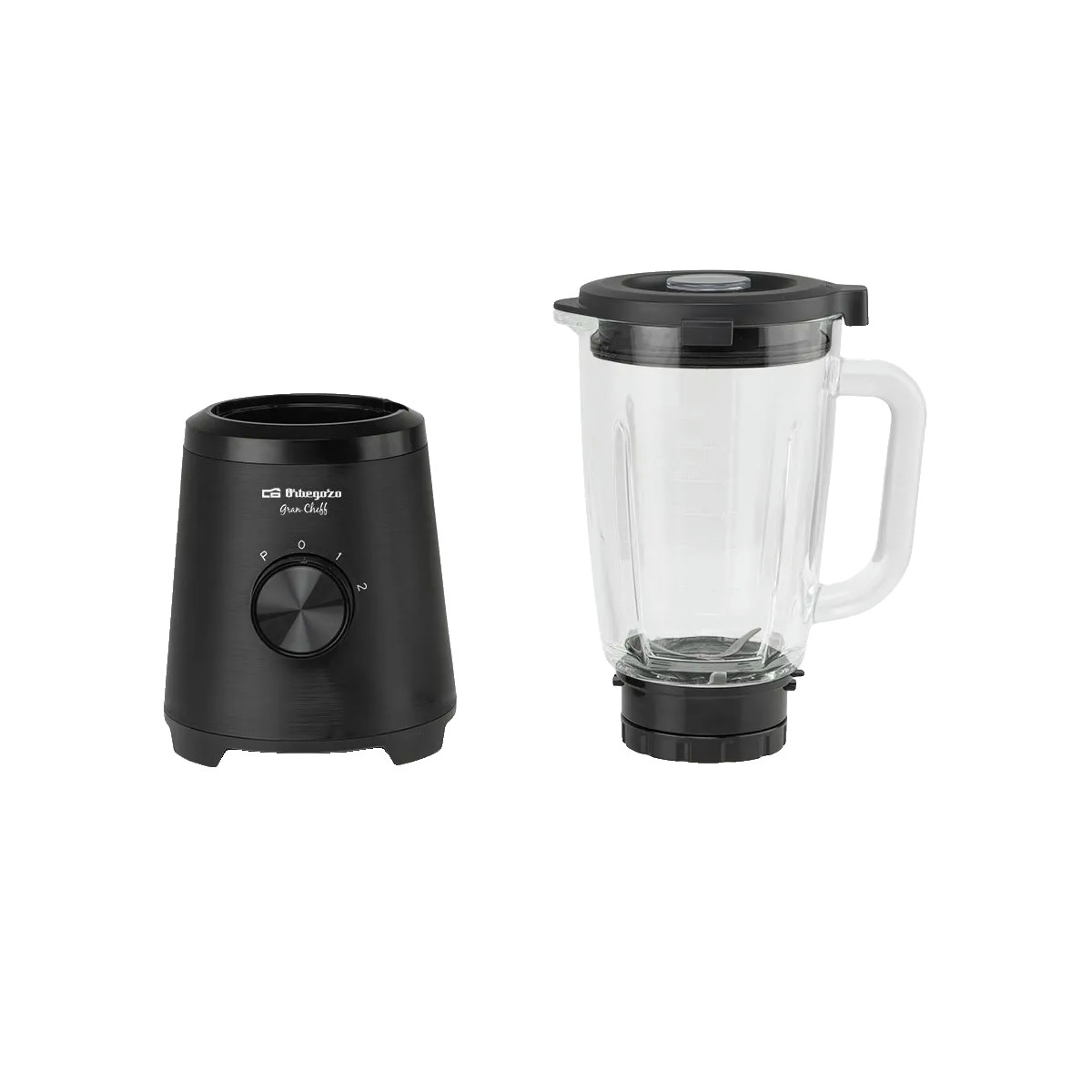 Ein schwarzer Standmixer mit separatem Glasbehälter auf weißem Hintergrund.