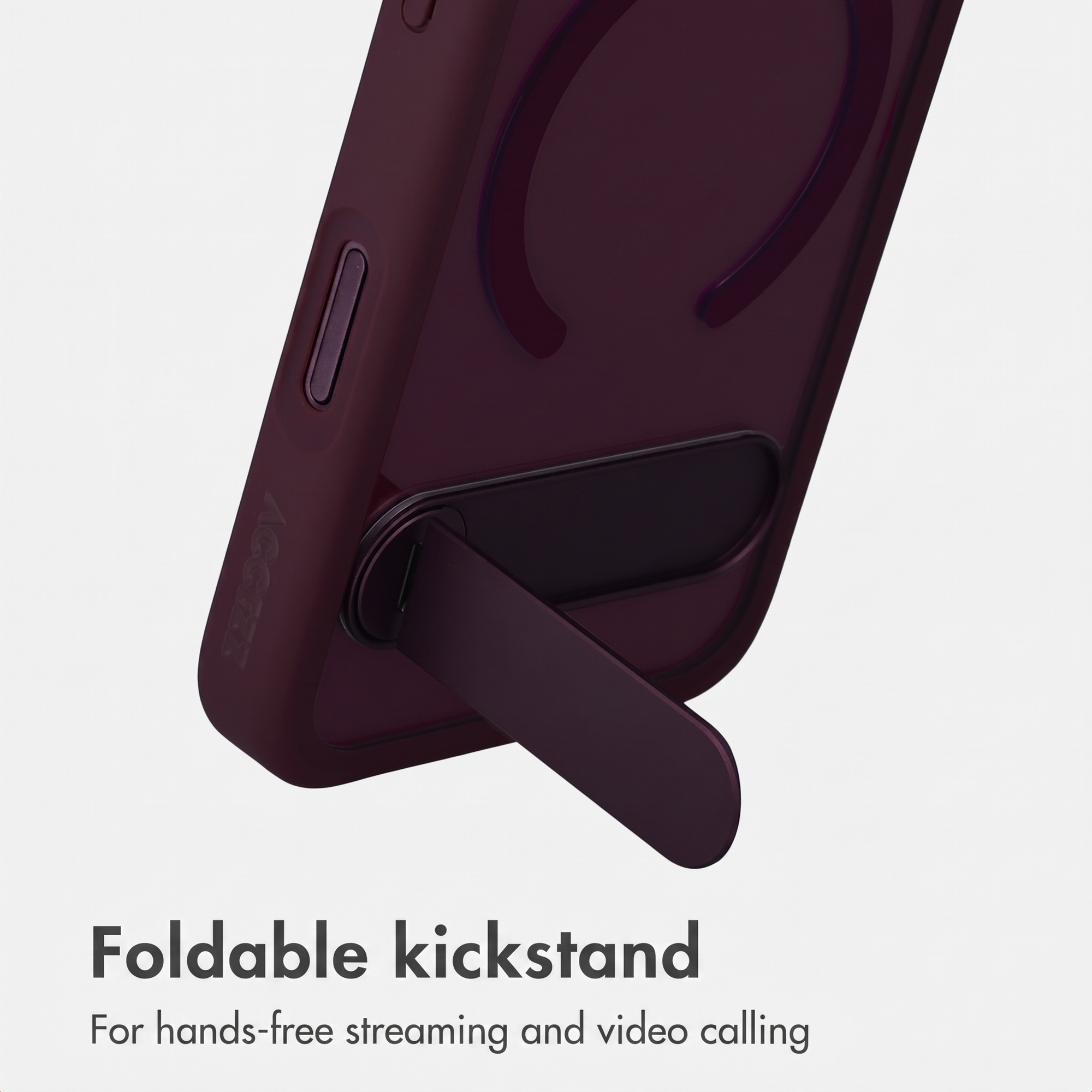 Coque de téléphone violette foncée avec béquille déployée sur fond clair.