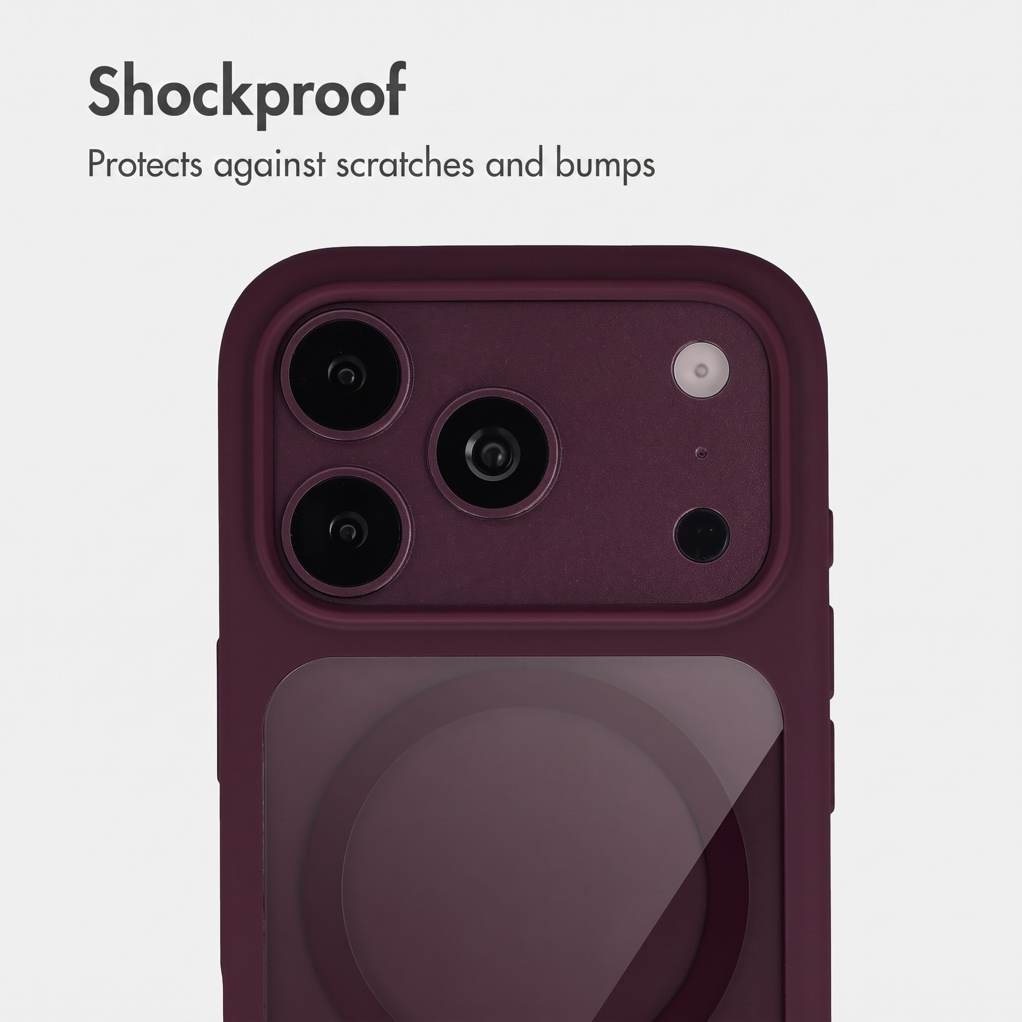 Coque de téléphone violet foncé avec découpes pour appareil photo et texte Shockproof.