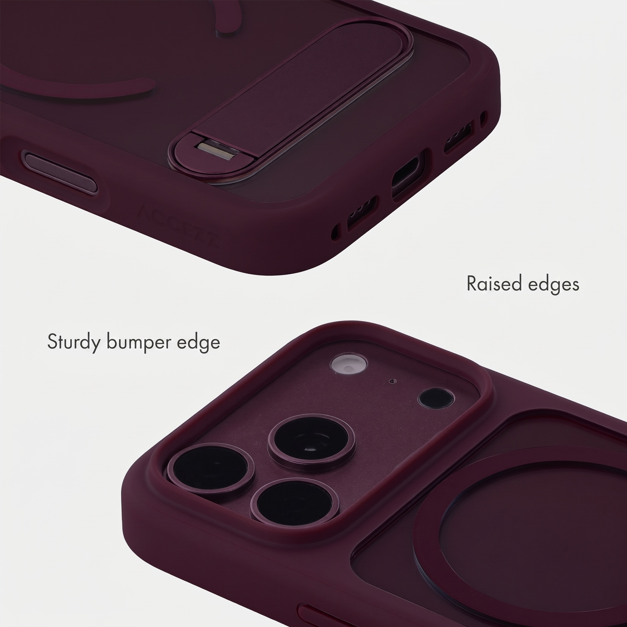 Gros plan d'une coque de téléphone rouge foncé avec des bords surélevés.