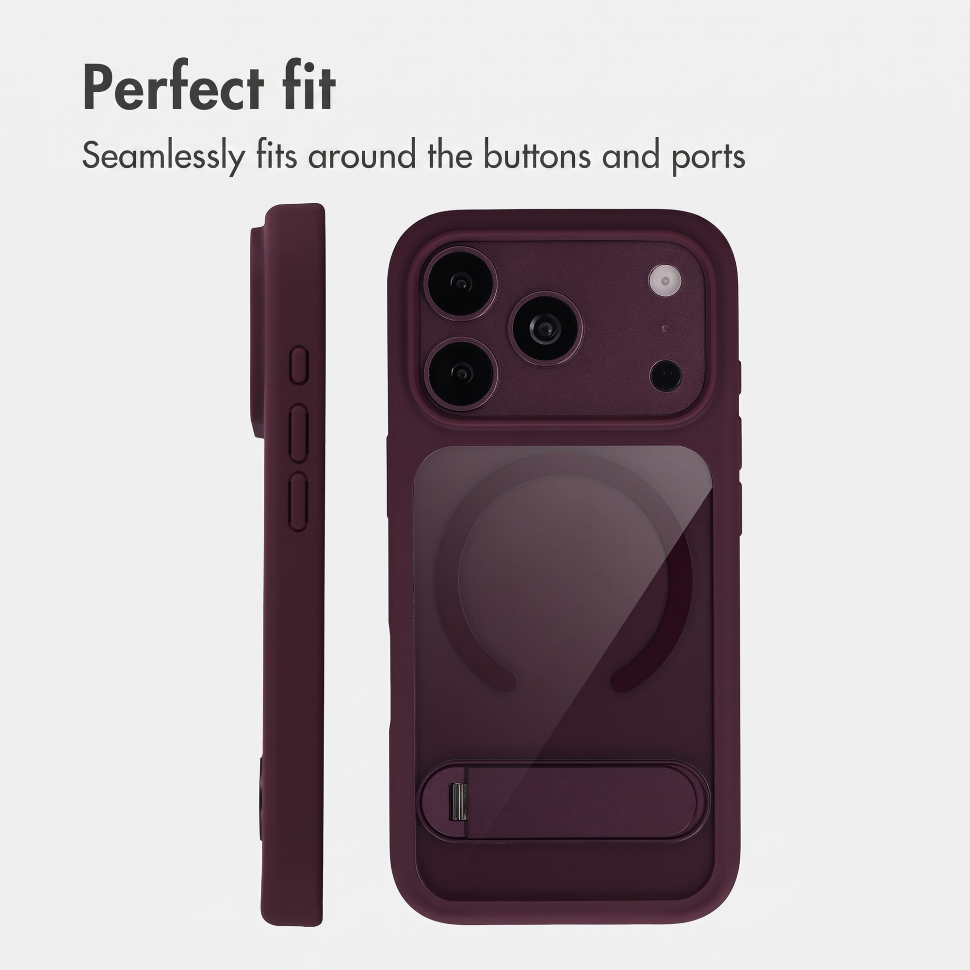 Coque de téléphone rouge foncé avec anneau de support et boutons couverts.